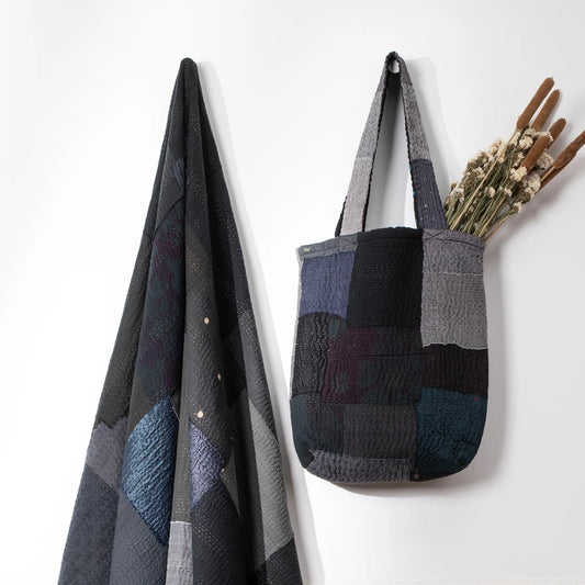 Landscape Handmade Vintage Kantha Tote Bag -Black