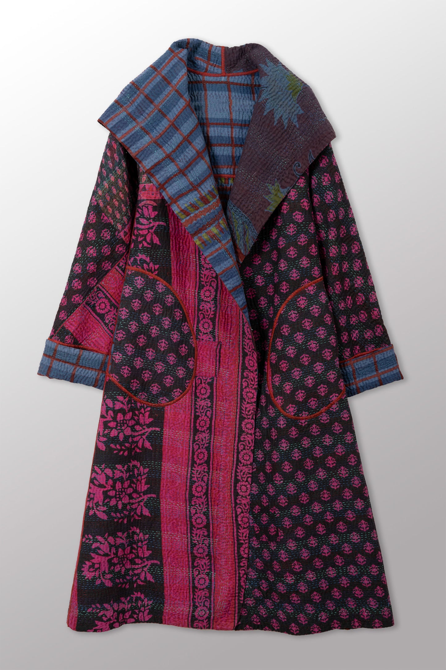 COTTON OVERDYE KANTHA HOODED A-LINE LONG COAT - ov4306-cblu001a -