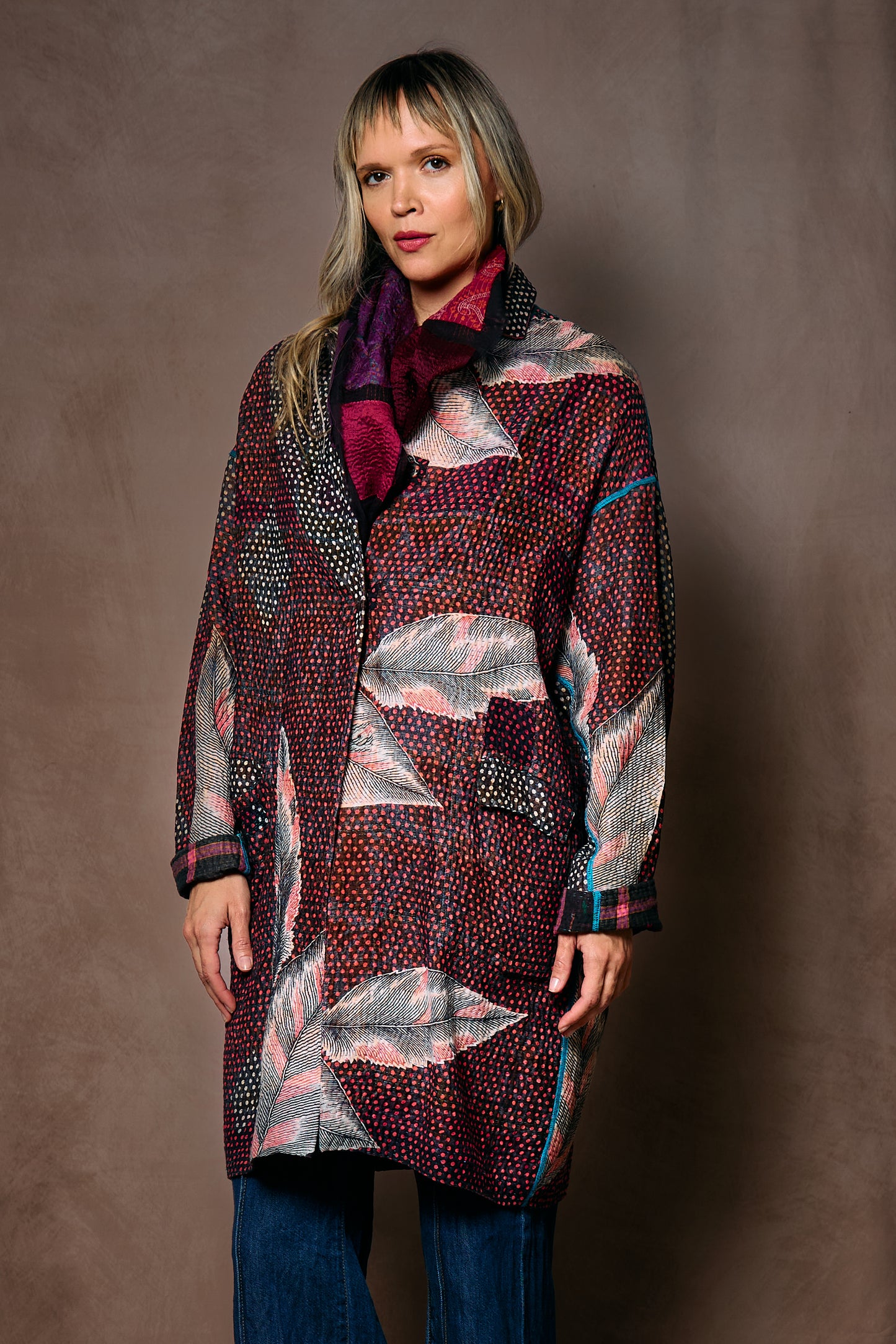 VINTAGE COTTON KANTHA LONG LINE JACKET - cv4059-5001m -