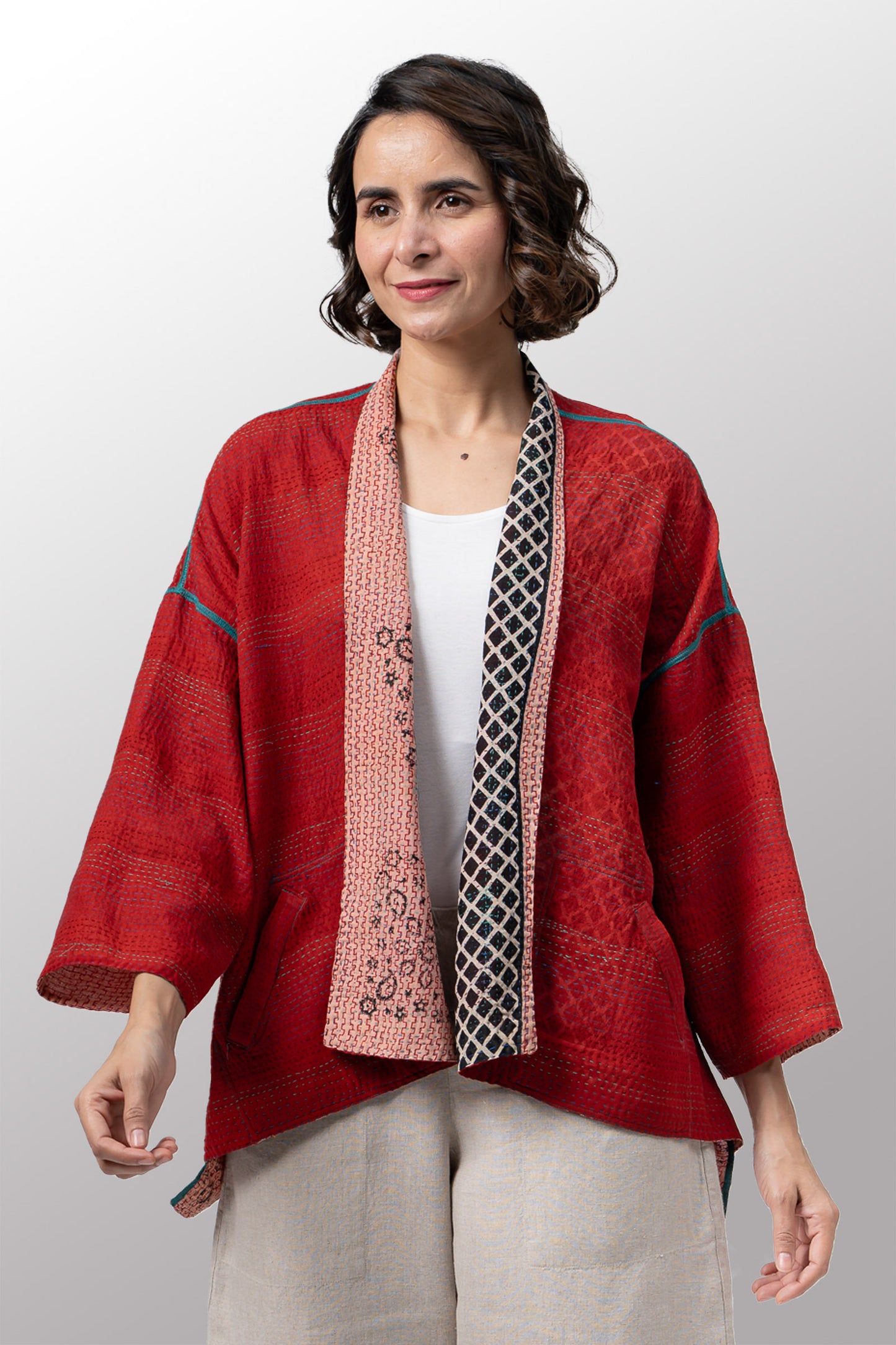 VINTAGE SILK GEORGETTE COTTON KANTHA MINI KIMONO JACKET - gc2055-0001a -