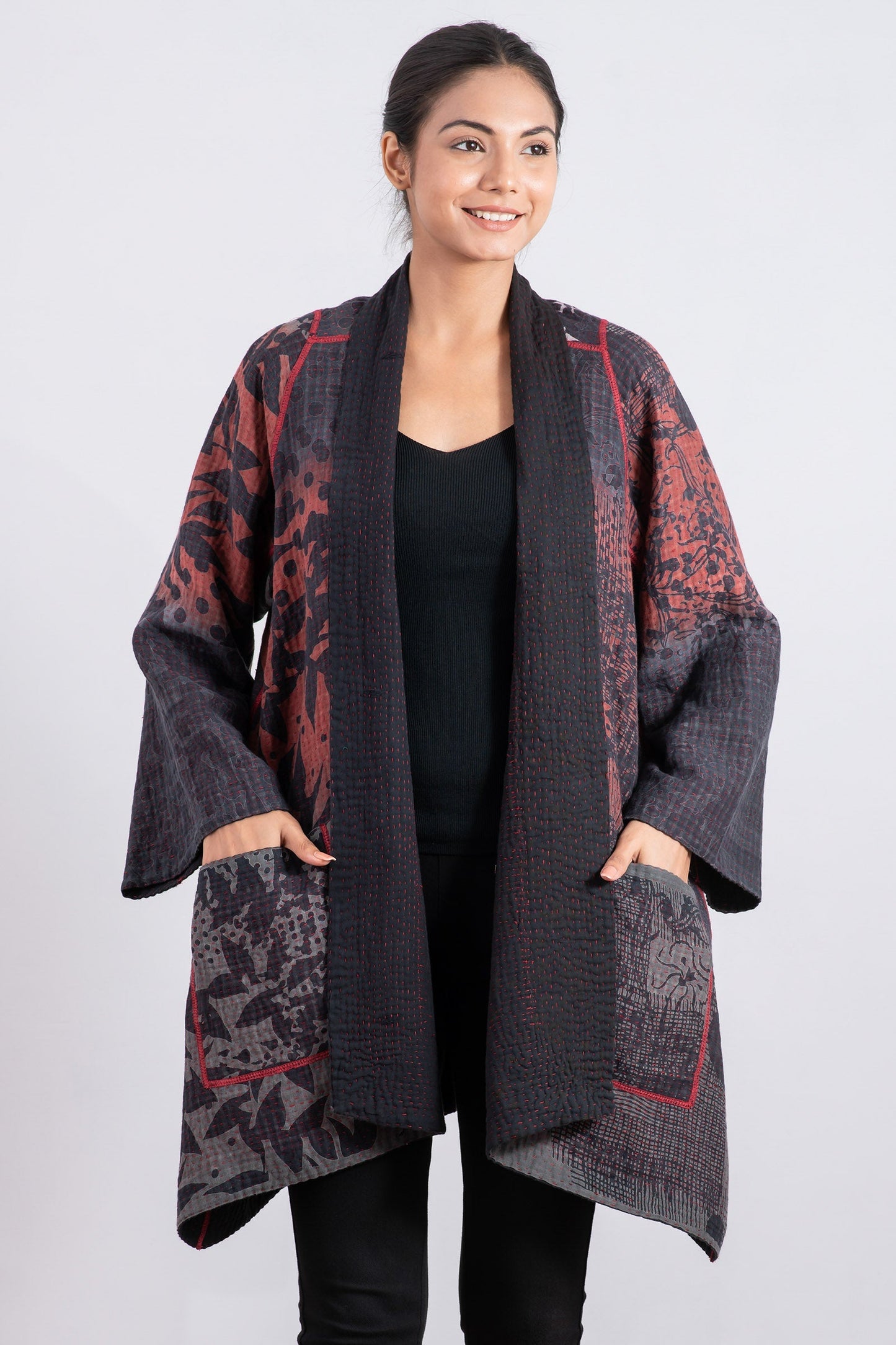 MONOTONE TWILIGHT PRINT KANTHA A-LINE JKT - tp4003-red -
