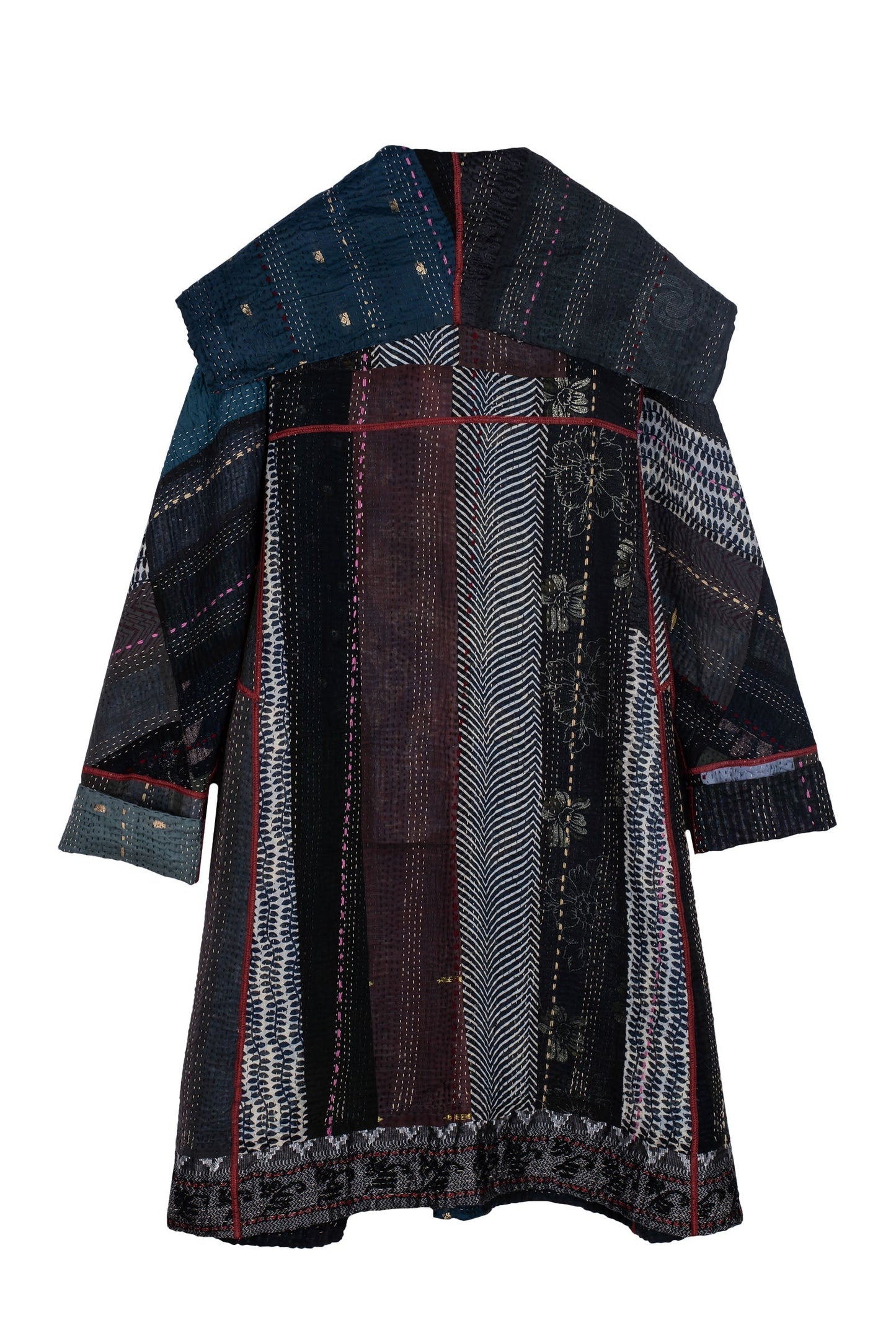 STRIPE RALLIS KANTHA A-LINE COAT - pr4309-blk -