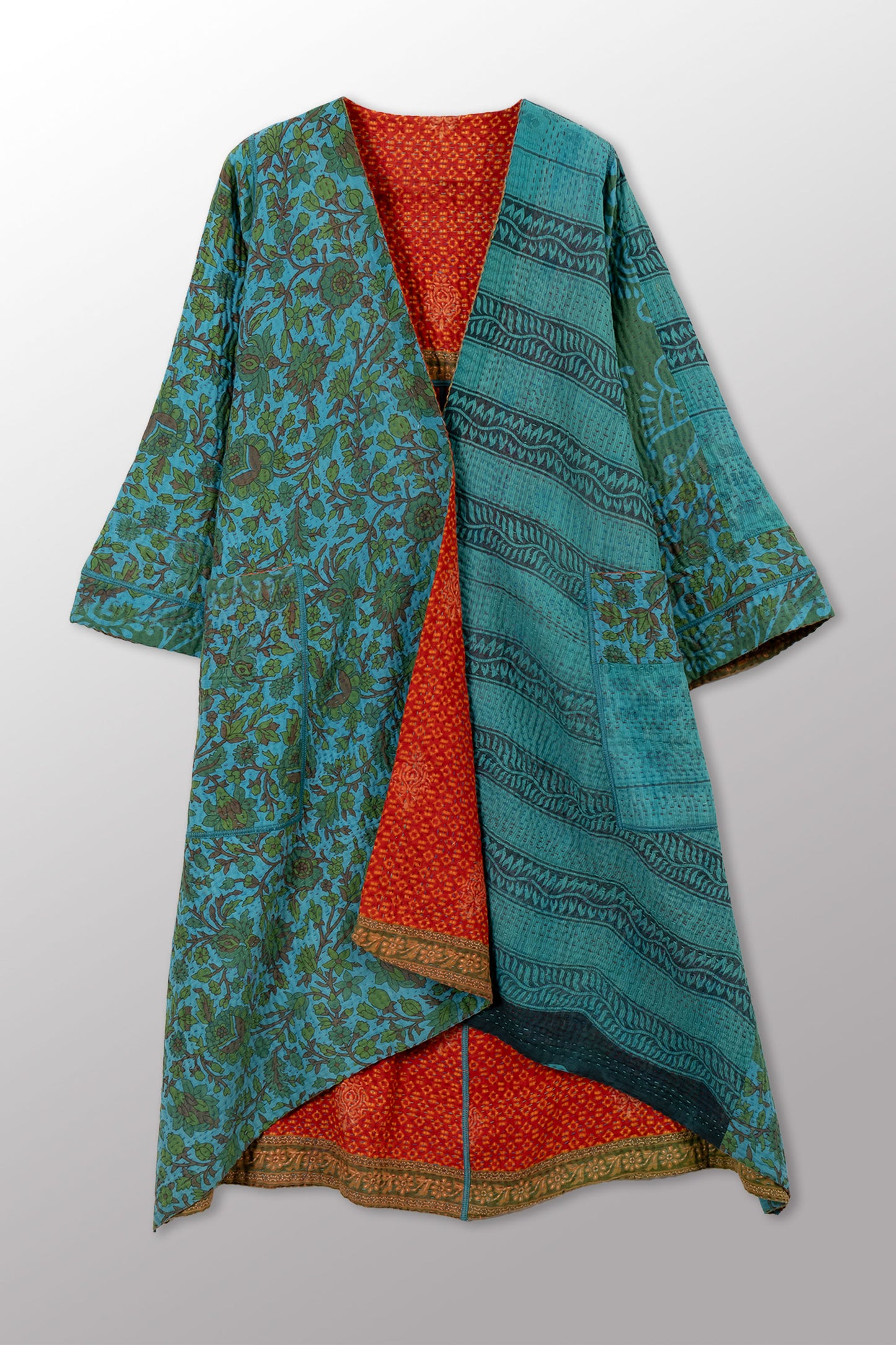 COTTON OVERDYE KANTHA WRAP FLARE COAT - ov4330-ctel005a -