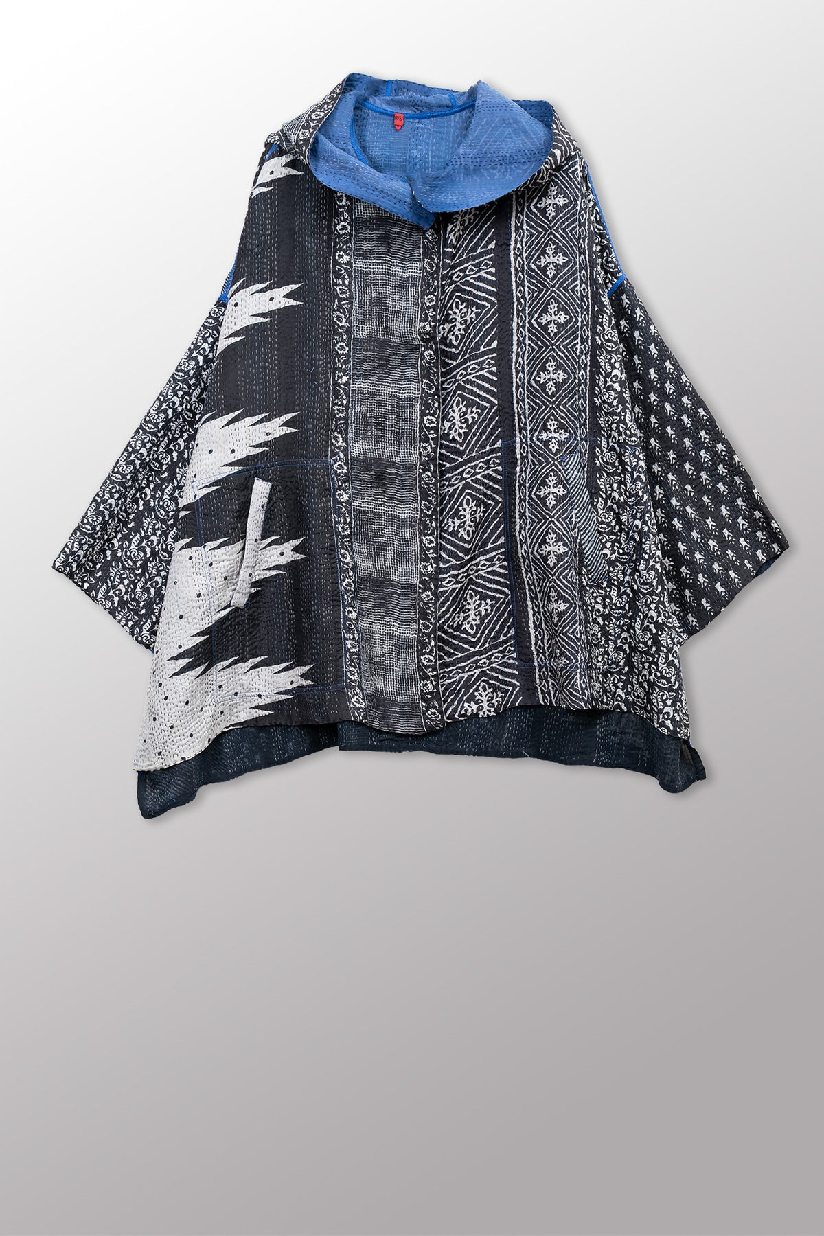 SILK COTTON OMBRE PRINT KANTHA HOODIE PONCHO - os2064-blk -