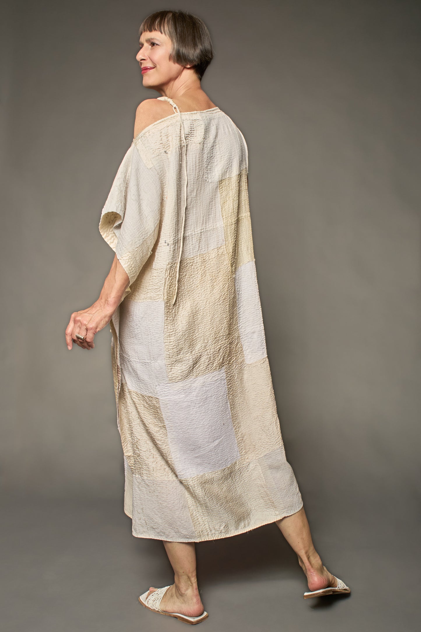 HALF SILK PATCH KANTHA ASYMMETRIC TUBE DRESS - hs2472-ivy -