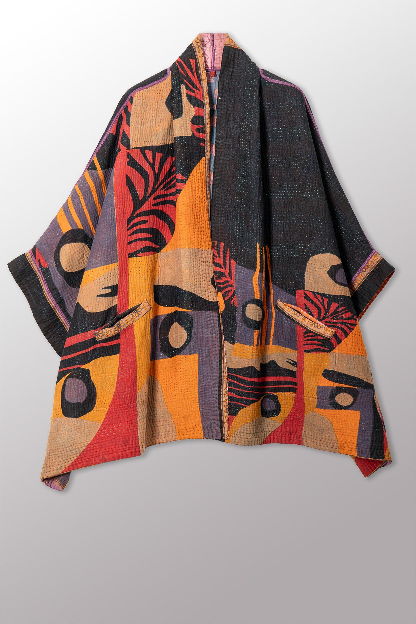 VINTAGE COTTON KANTHA DOUBLE COLLAR PONCHO - cv4323-0057a -
