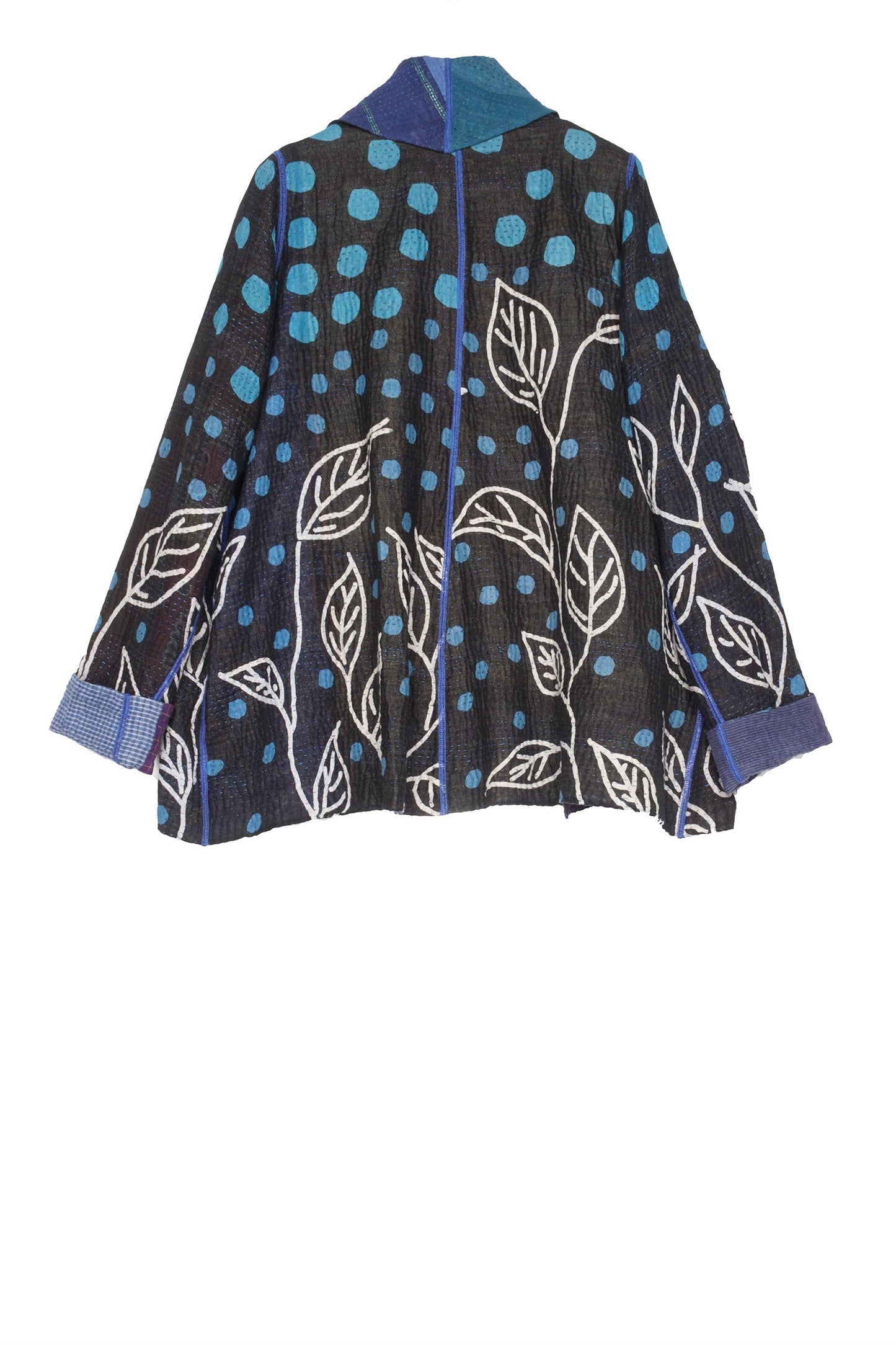 POLKA DOTS & LEAVES KANTHA TUCKED COLLAR JKT - dl4047-blu -