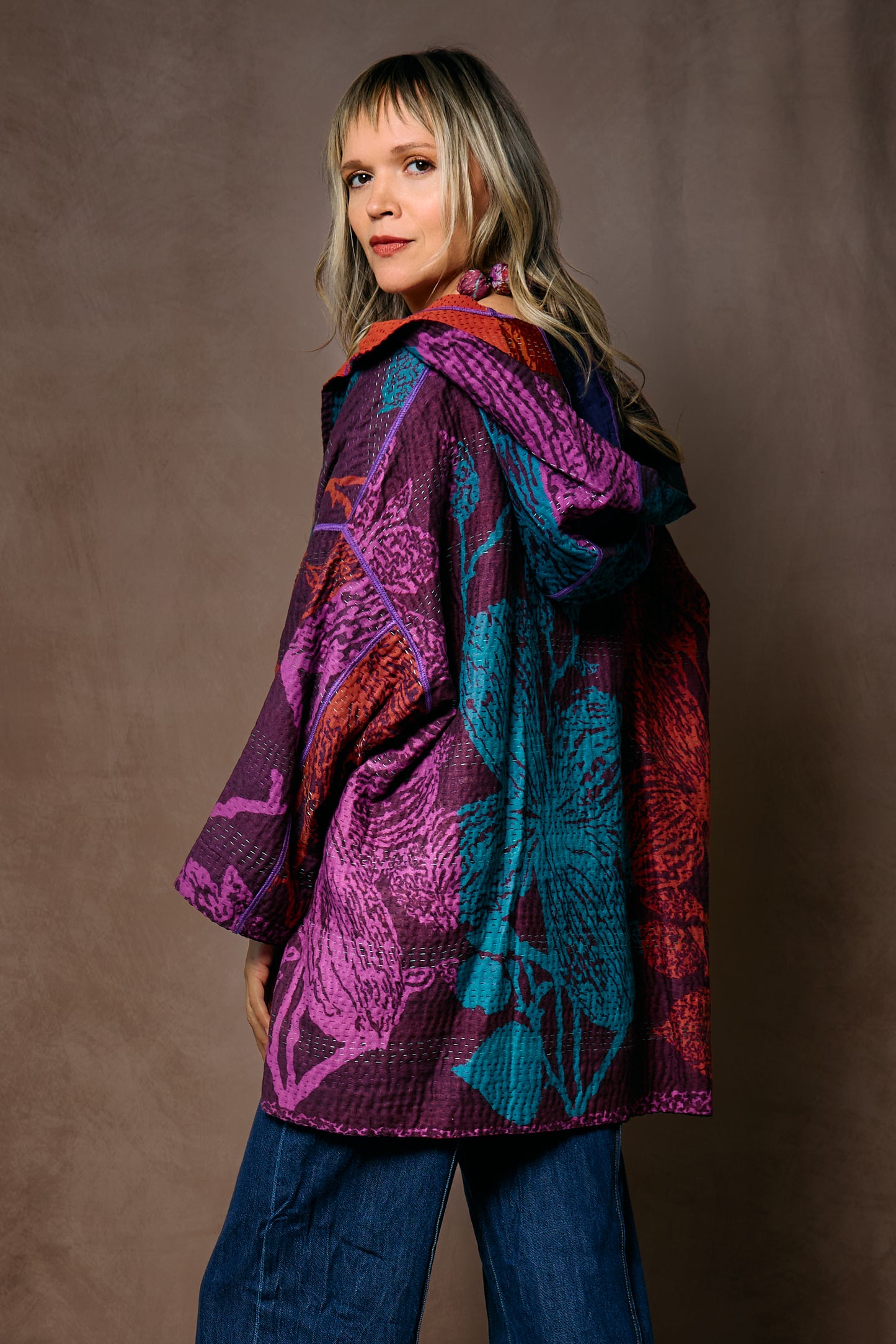 NIGHT FLOWERS KANTHA HOODIE PONCHO - nl4064-prp -