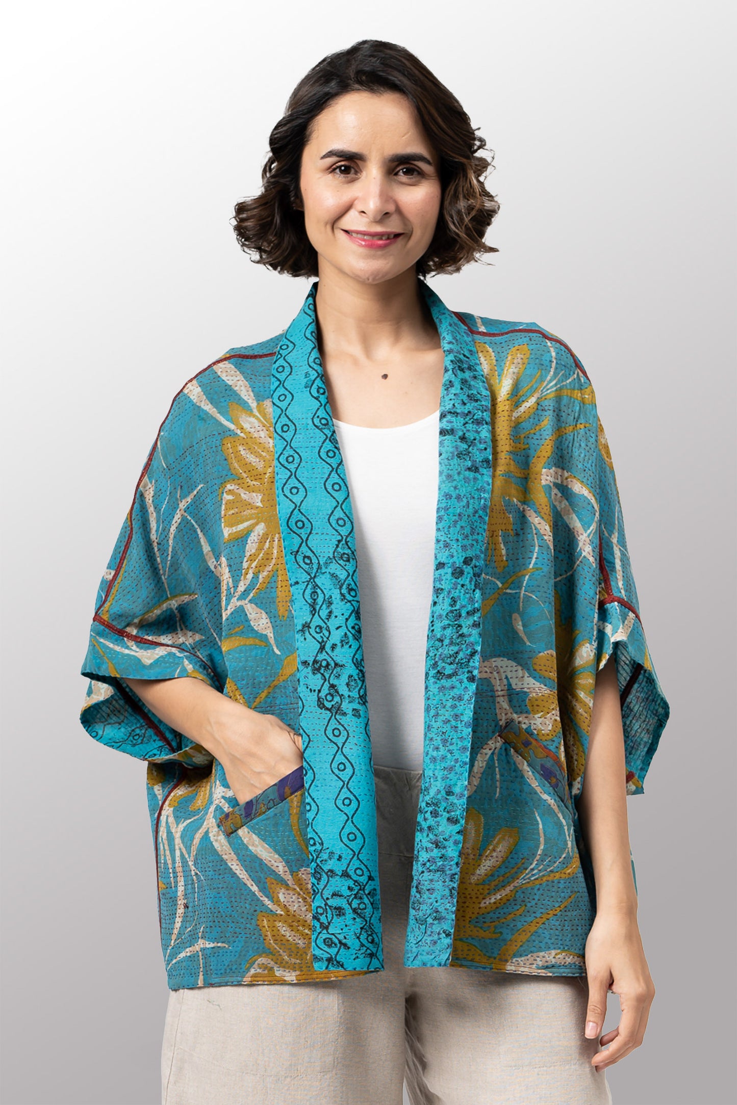 VINTAGE SILK GEORGETTE COTTON KANTHA MINI PONCHO - gc2060-0001a -