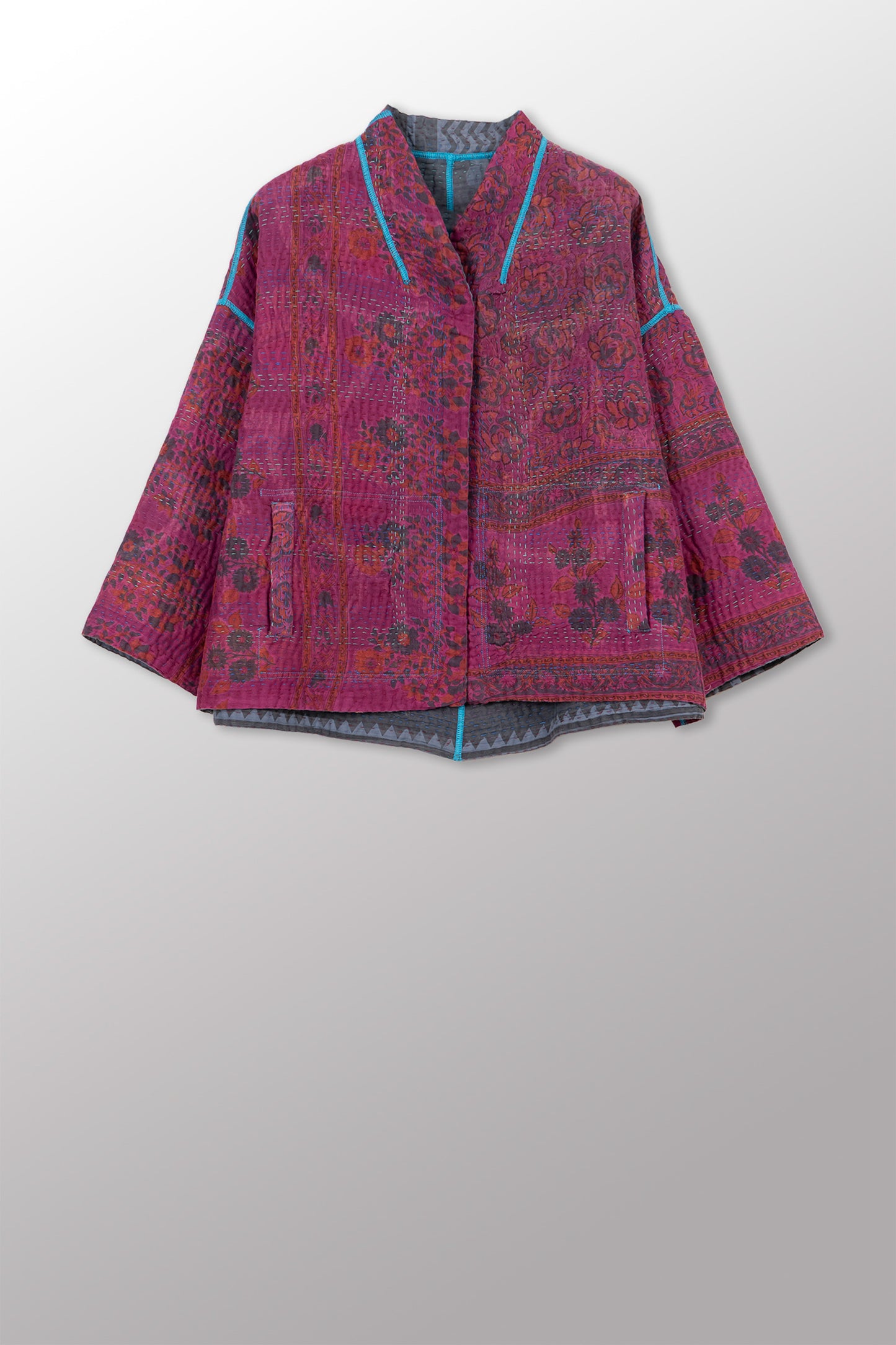 COTTON OVERDYE KANTHA STAND COLLAR CROPPED JKT - ov4034-cfus003a -