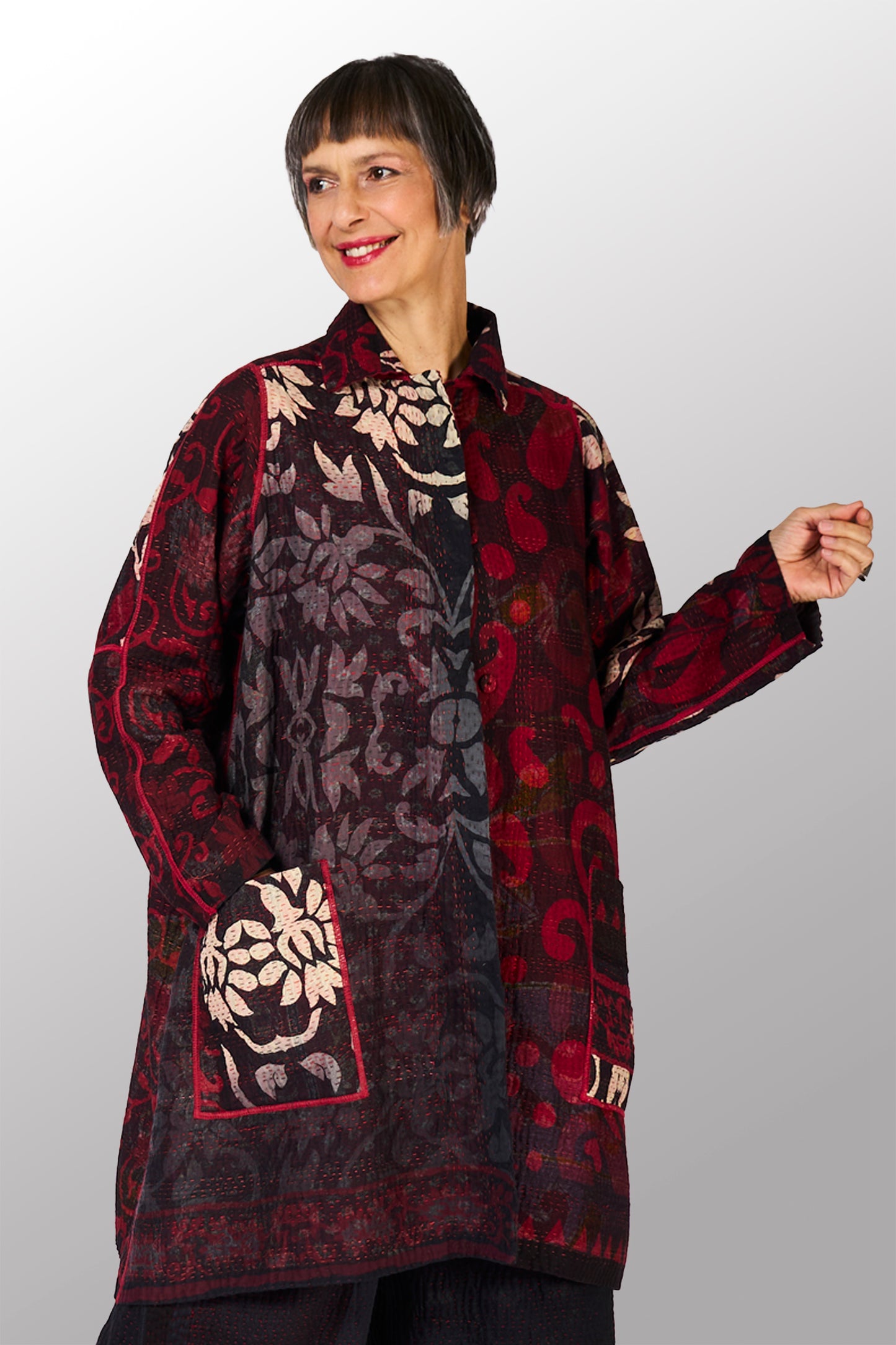BIG PRINTED PATCH WITH OMBRE BACKING KANTHA A-LINE DUSTER - px4311-red -