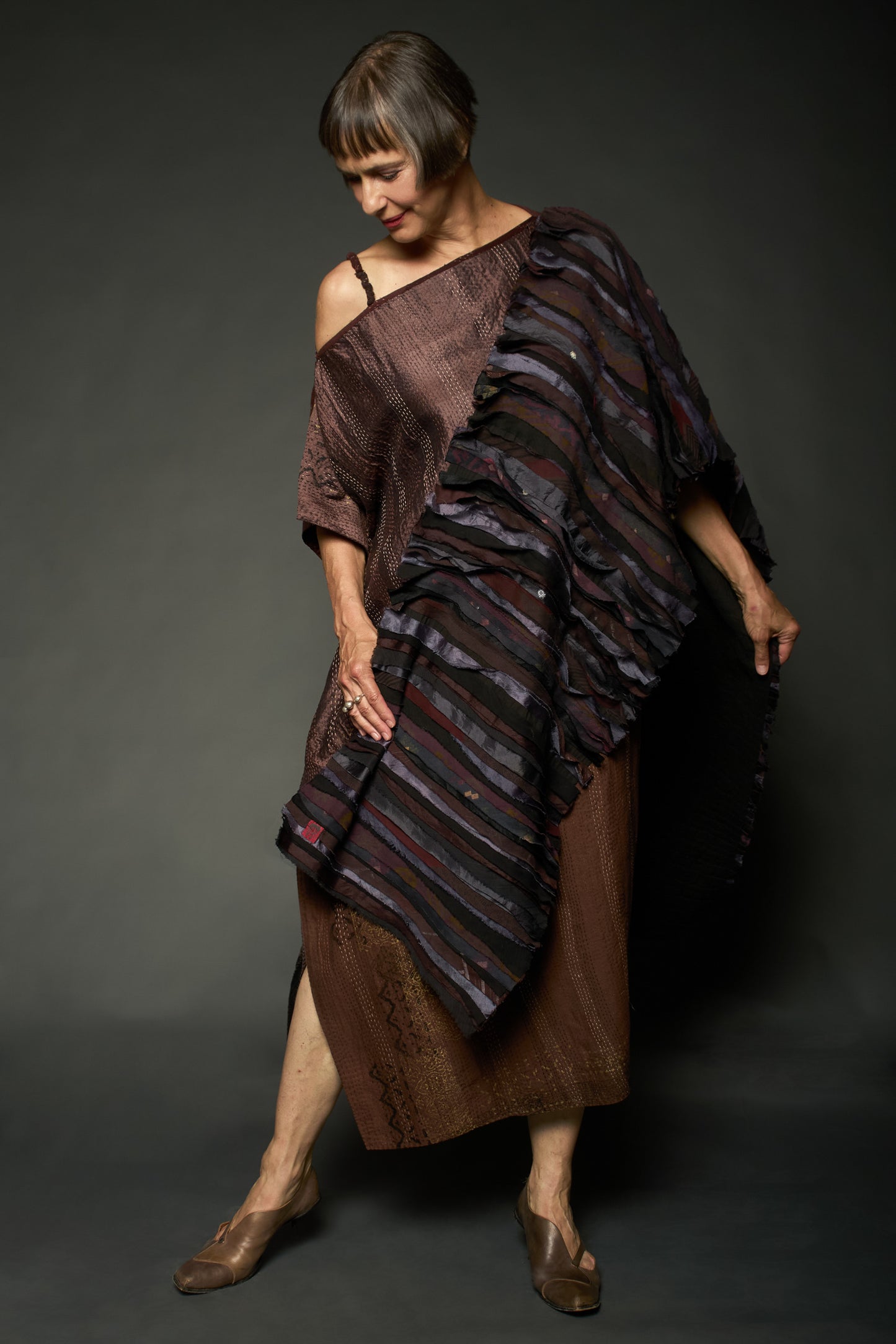 HALF SILK PATCH KANTHA ASYMMETRIC TUBE DRESS - hs2472-brn -