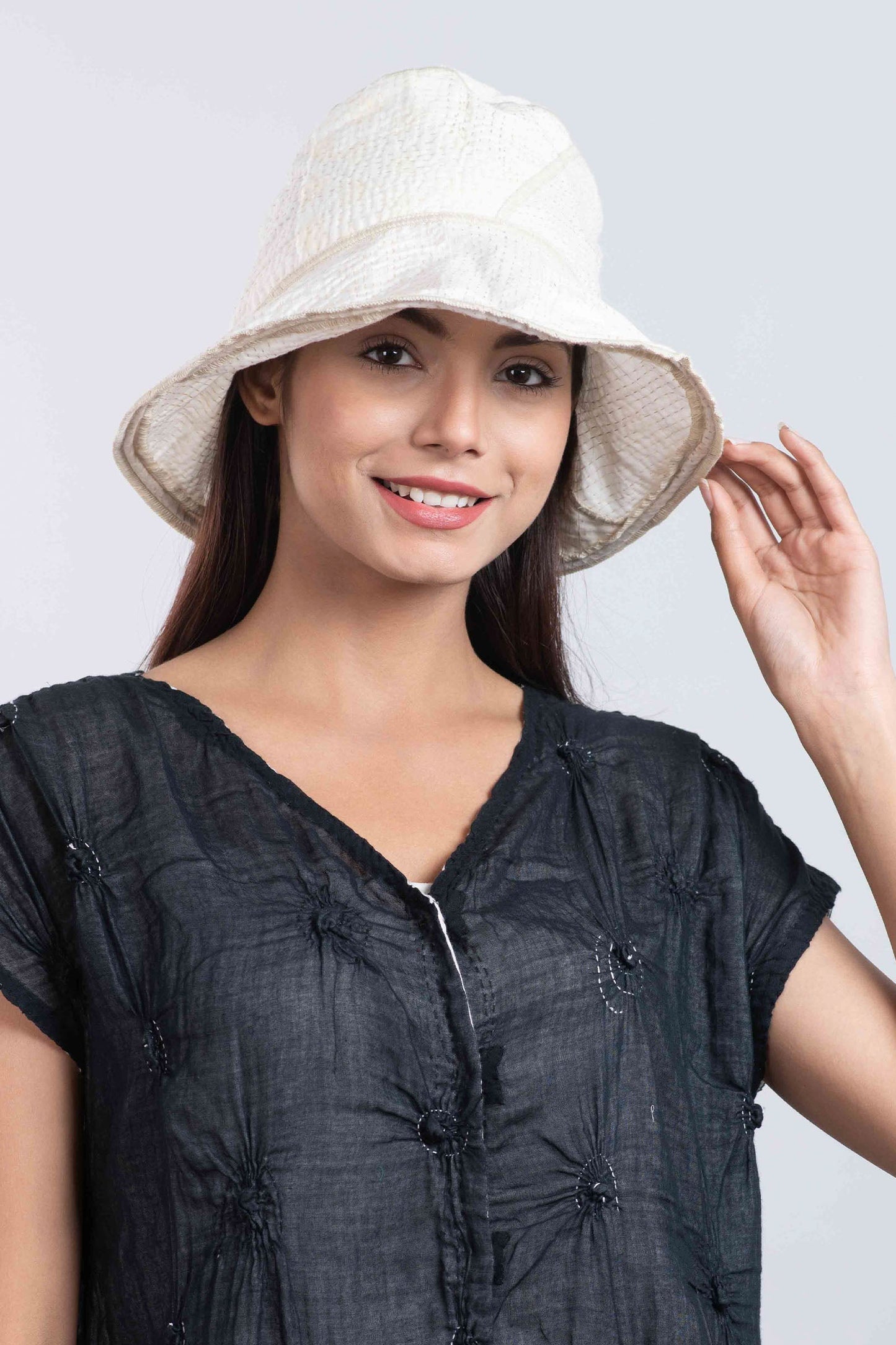 FRAYED PATCH KANTHA CIRCULAR CUT BRIM HAT - fi2882-ivy -