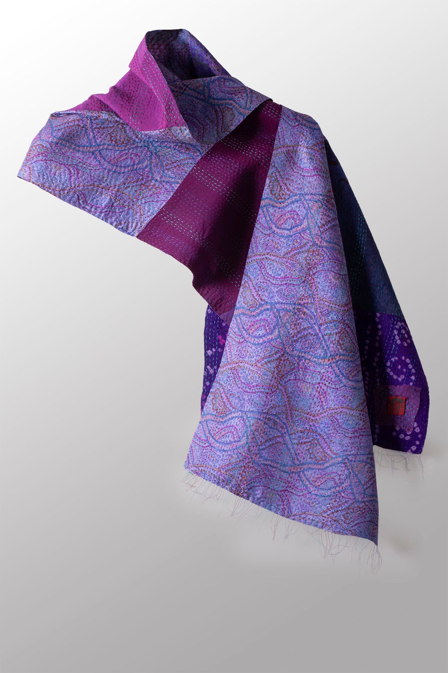 GEORGETTE VINTAGE SILK PATCH KANTHA SCARF SHORT - gs2805-prp -