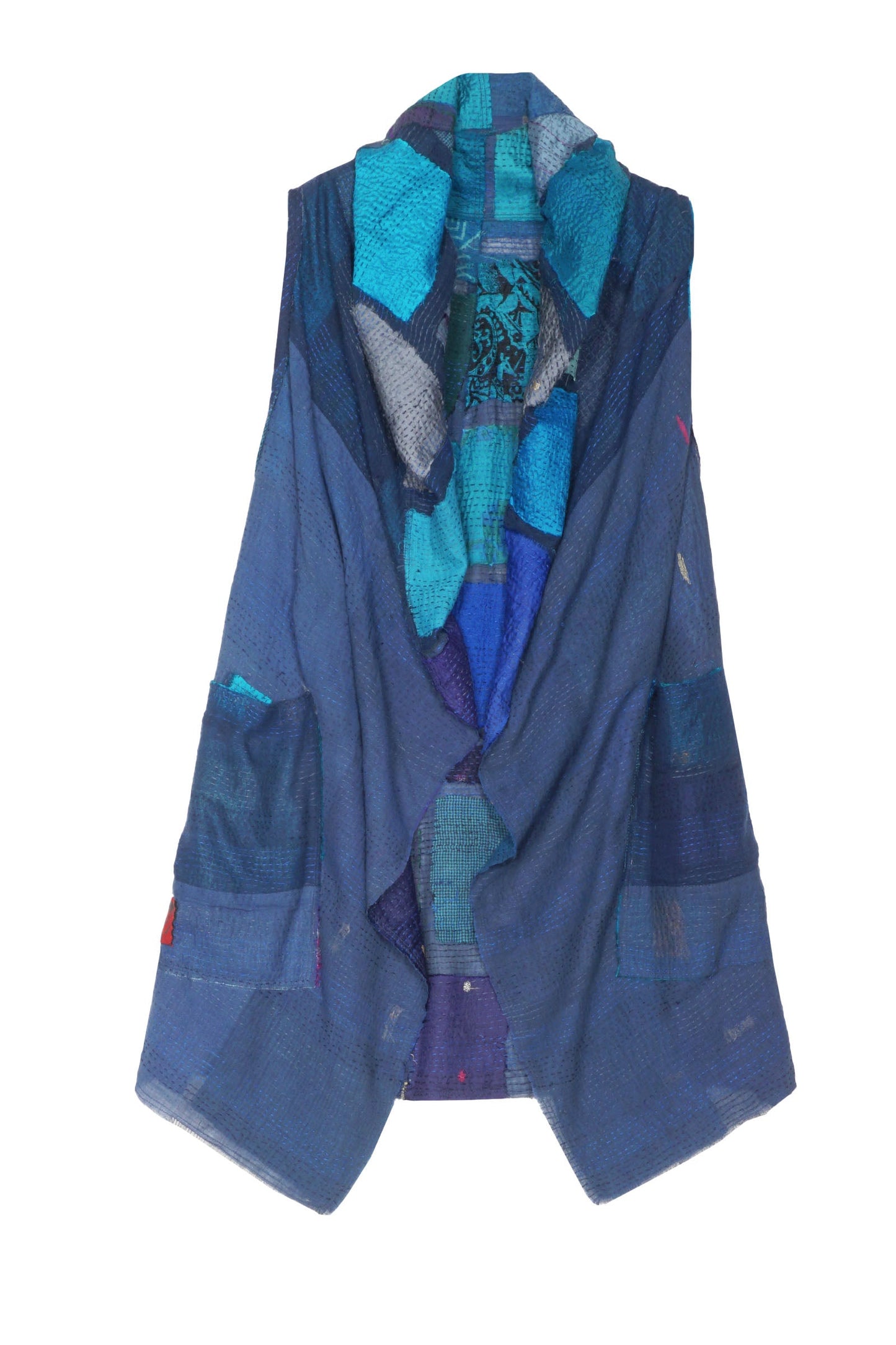 TONAL TILE PATCH KANTHA HOODED VEST - tt2220-blu -