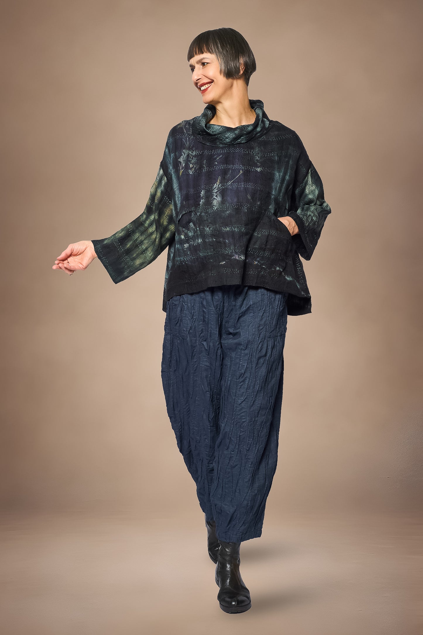 TIE DYE VINTAGE SILK KANTHA COWL PULLOVER - st-sv2547-blk -