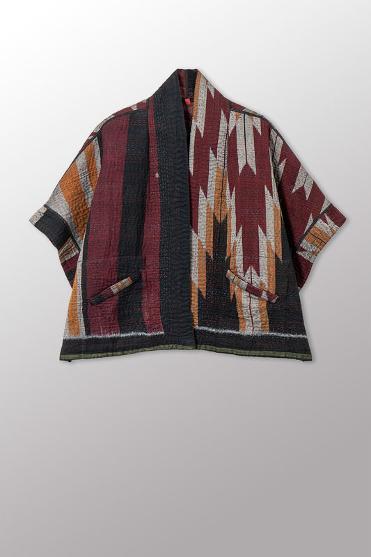 WOVEN HANDLOOM IKAT WITH OMBRE KANTHA MINI PONCHO - wh4060-red -