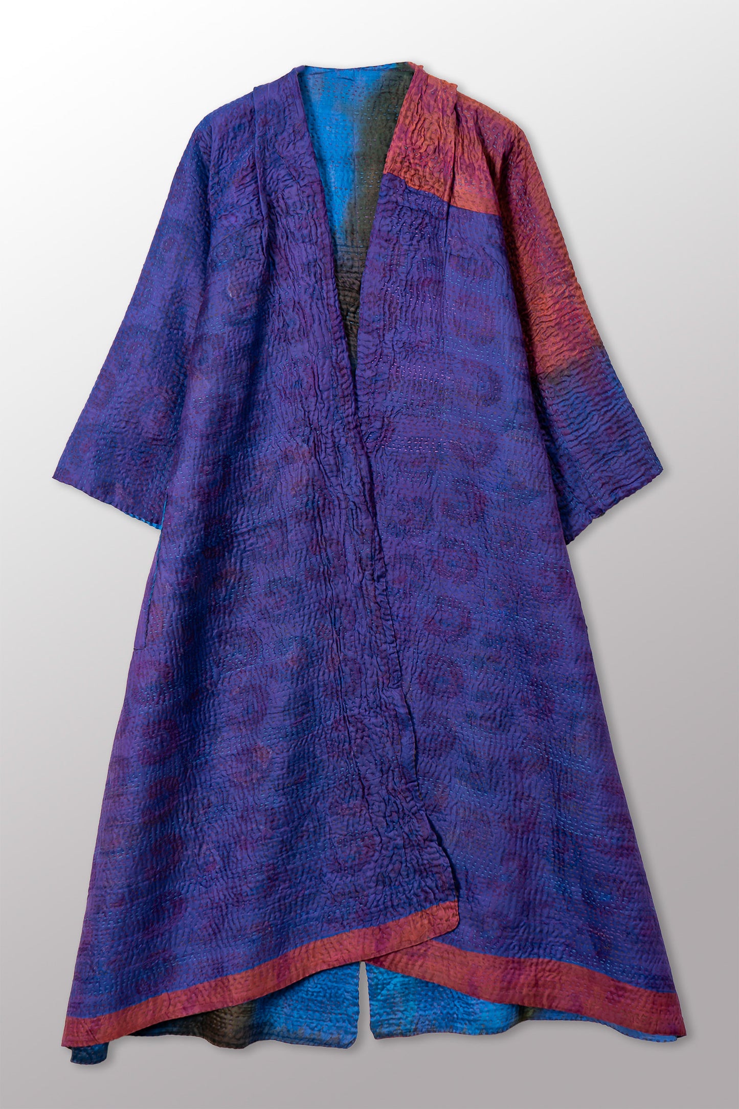 VINTAGE PRINTED SILK CLAMP DYE WITH JACQUARD KANTHA KIMONO MAXI - sk4318-0001a -