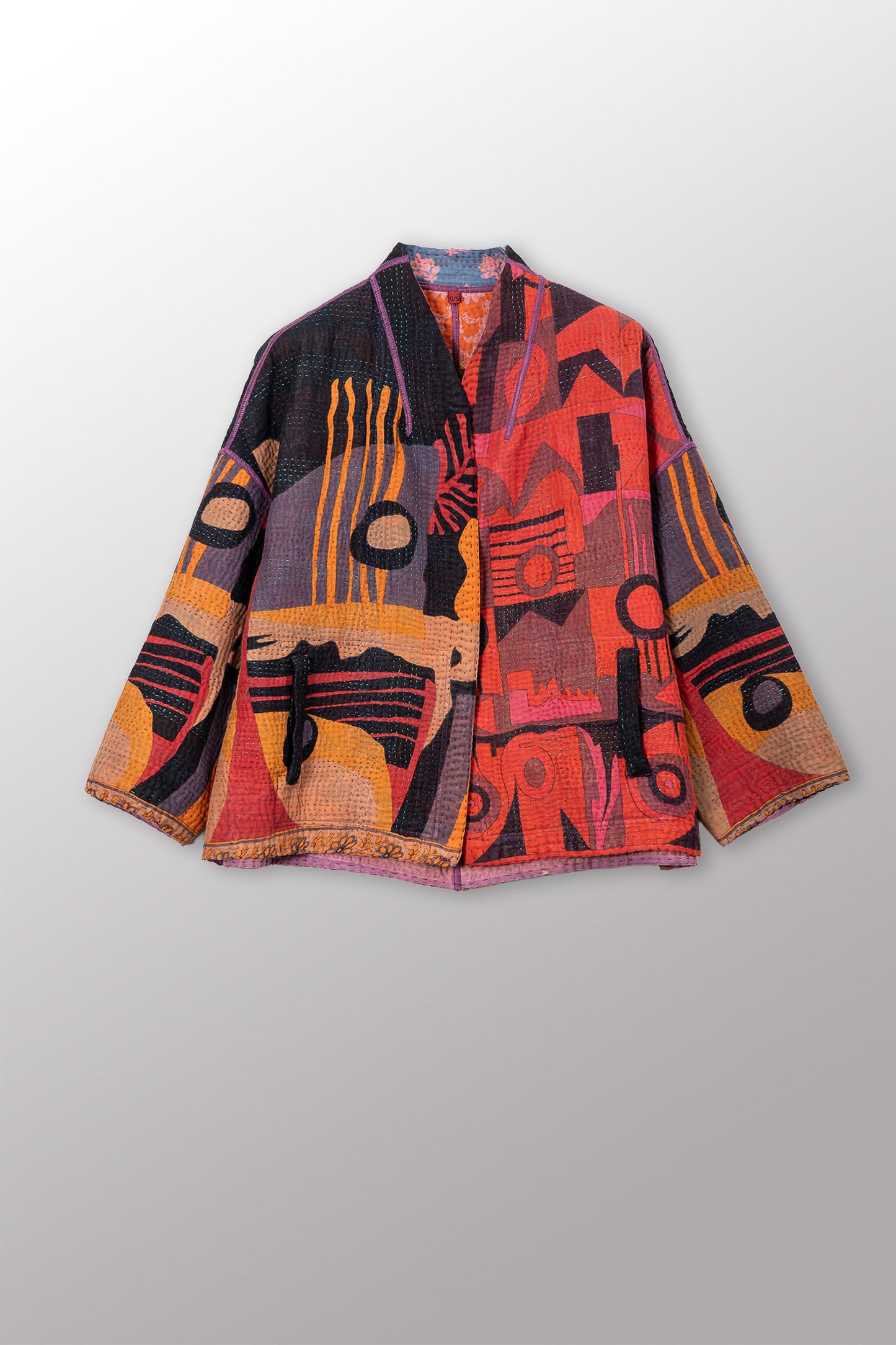 VINTAGE COTTON KANTHA STAND COLLAR CROPPED JKT - cv4034-0161a -