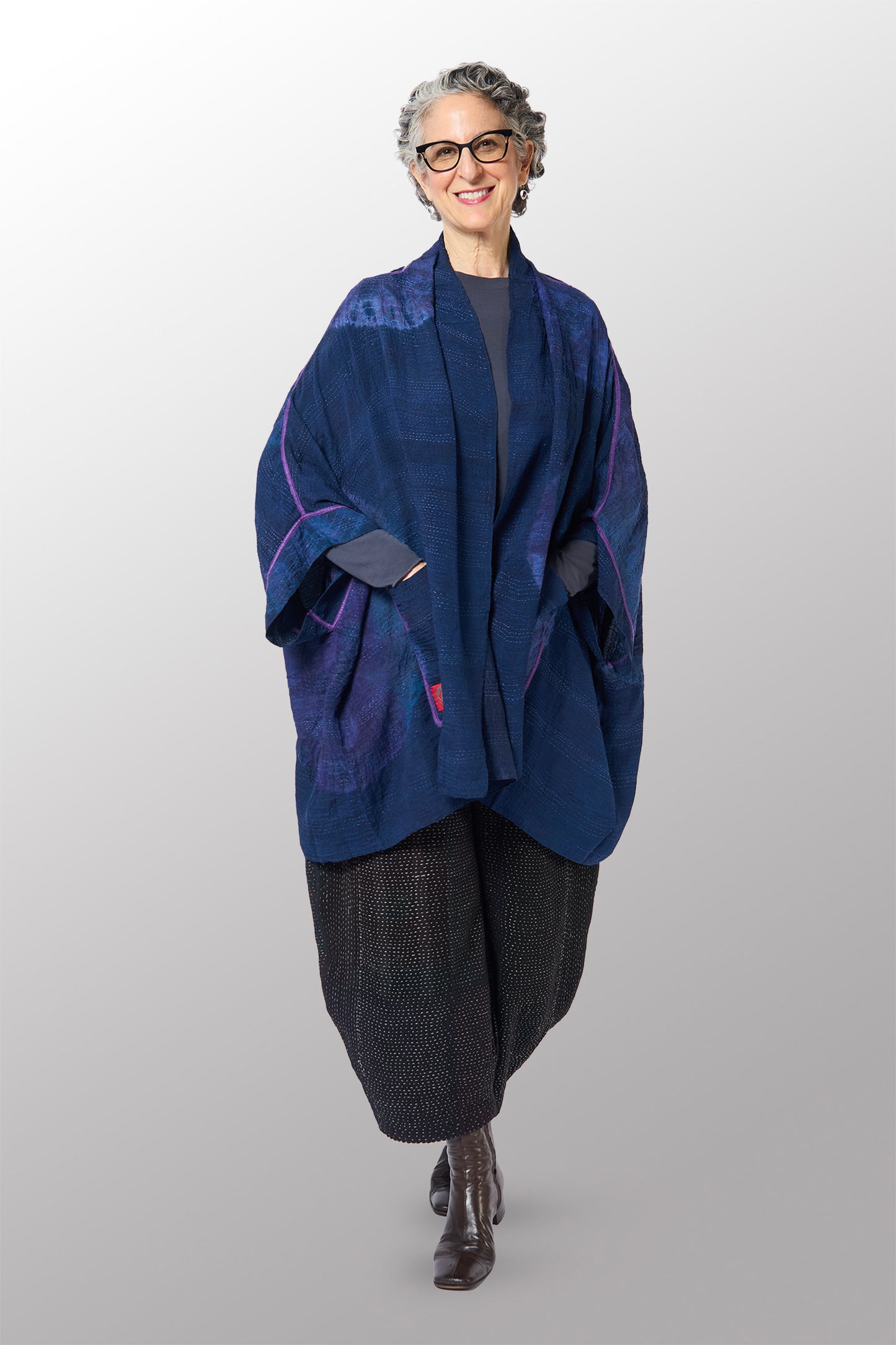 SHIBORI TIE DYE GEORGETTE VINTAGE SILK PATCH KANTHA DOUBLE COLLAR PONCHO - st-gs2323-nvy -