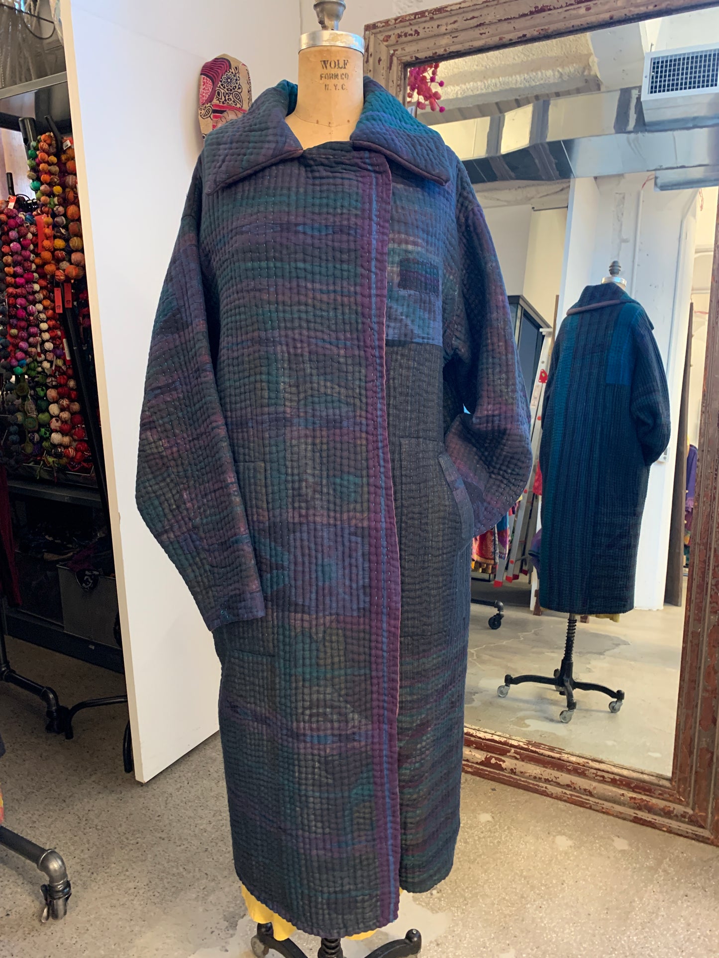 QUILTED OVERDYE COTTON KANTHA DOUBLE BREAST LONG COAT - oq5340-cblu001a -