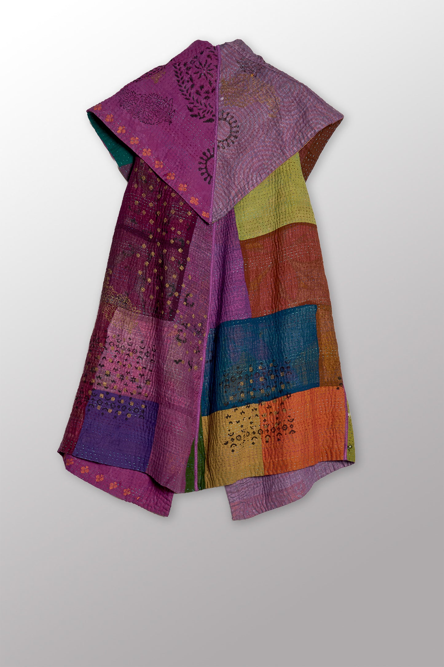 OMBRE PATCHED GOLD STAMP KANTHA CIRCULAR VEST - og4201-mlt -