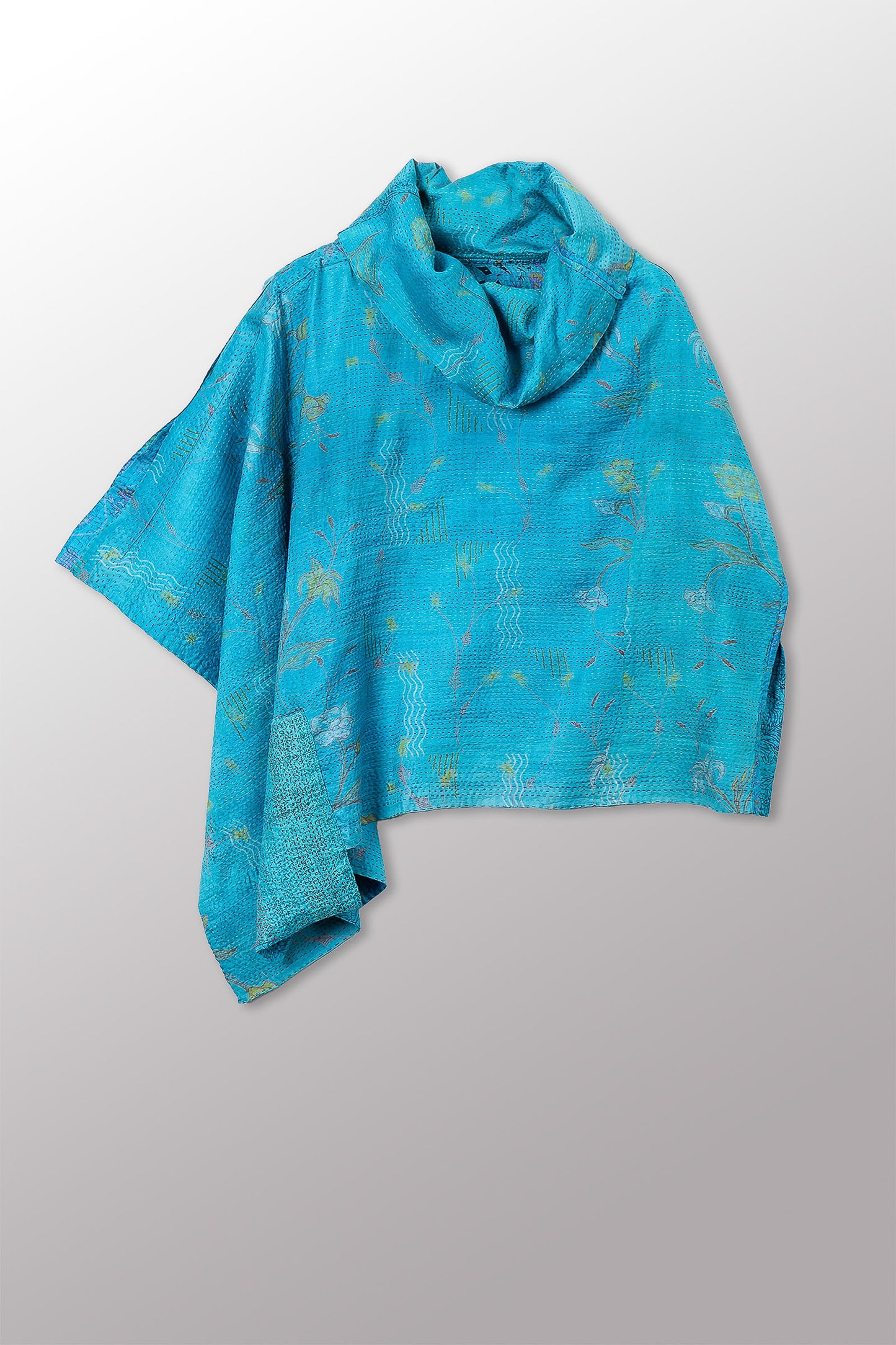 VINTAGE SILK KANTHA COWL NECK LONG CAPE - sv2842-0005a -