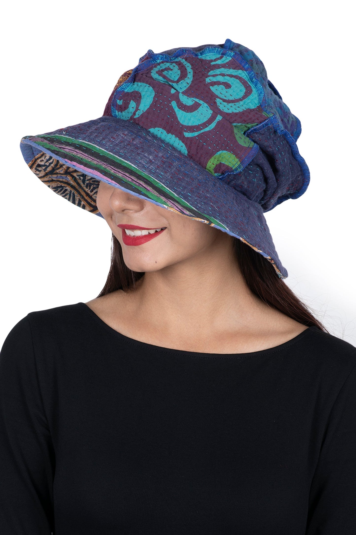VINTAGE COTTON KANTHA FULL BRIM HAT - cv4889-blu -