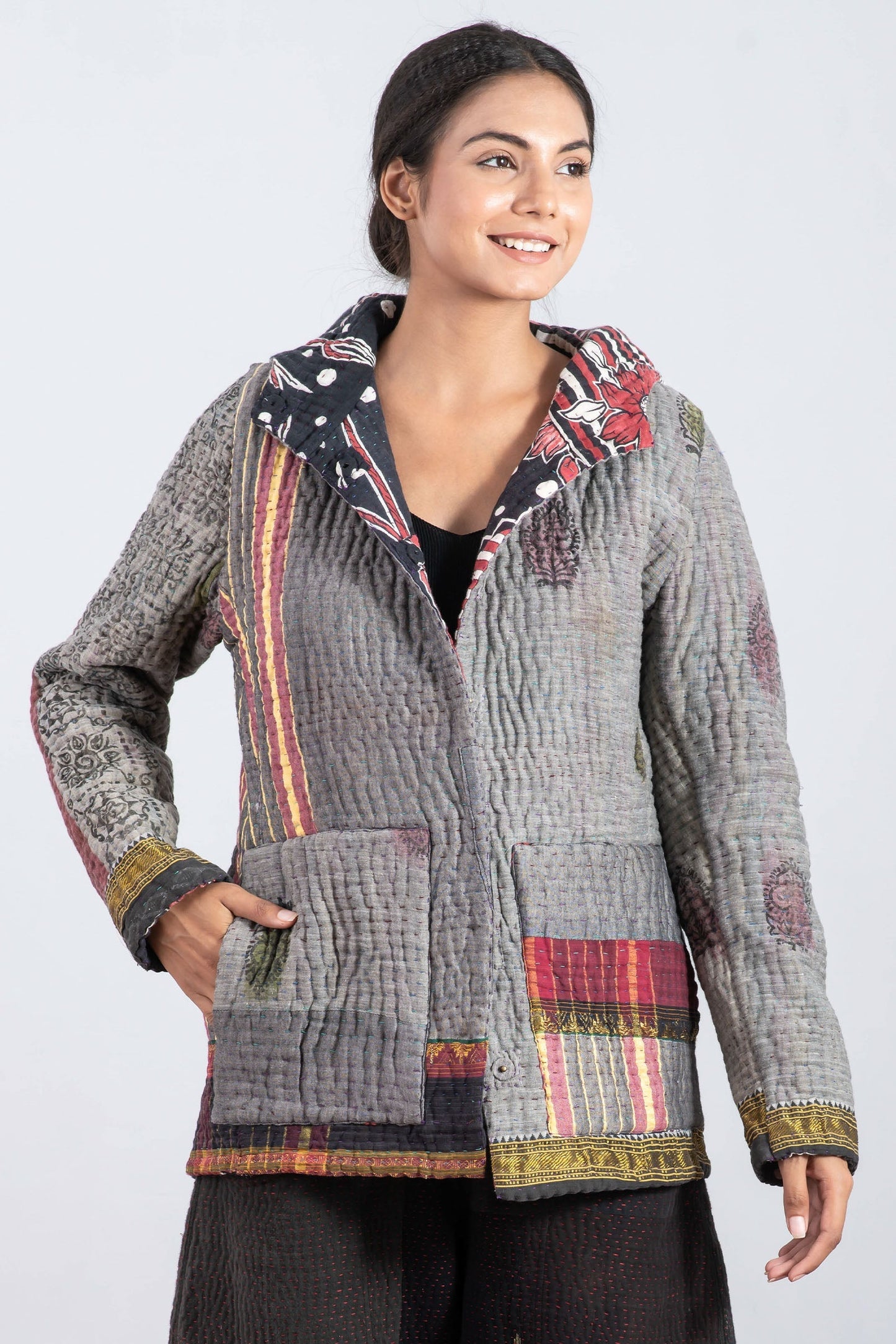 QUILTED VINTAGE COTTON KANTHA HOODED FIT JKT - cq5054-0005l -