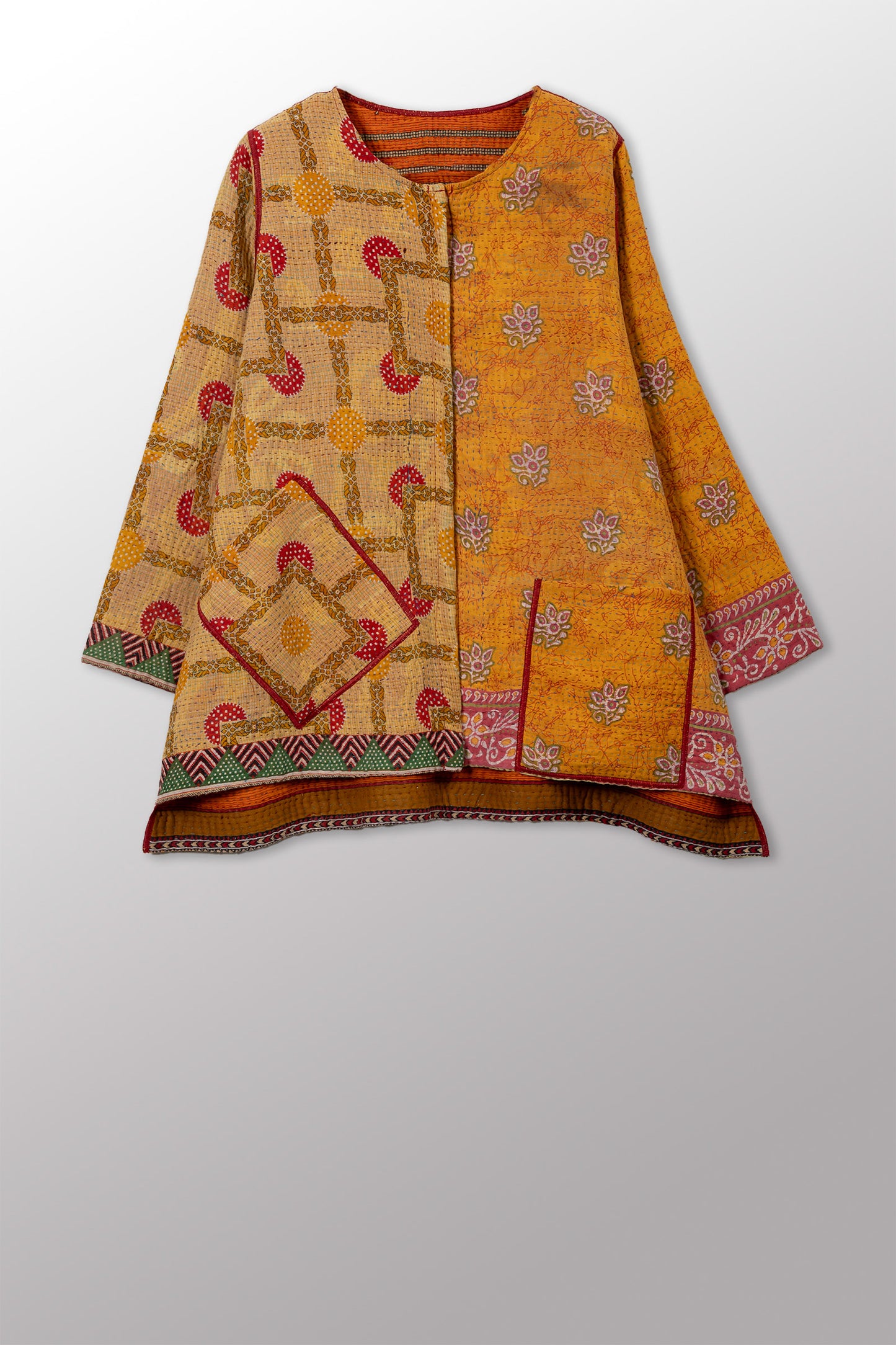 VINTAGE COTTON KANTHA CREW NECK POCKET JACKET - cv4025-0017a -