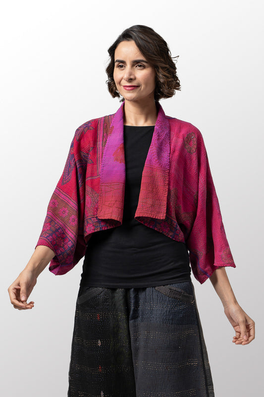 VINTAGE SILK GEORGETTE COTTON KANTHA PUFF SLV. SHRUG - gc2062-0002a -