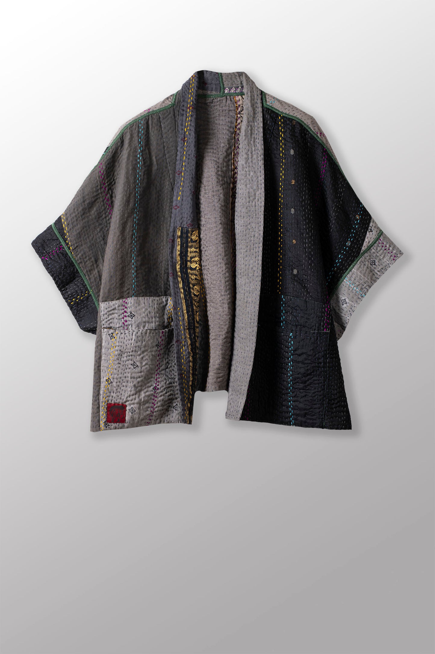 JEWEL WOVEN WITH VERTICAL PATCH KANTHA MINI PONCHO - jv4060-gry -
