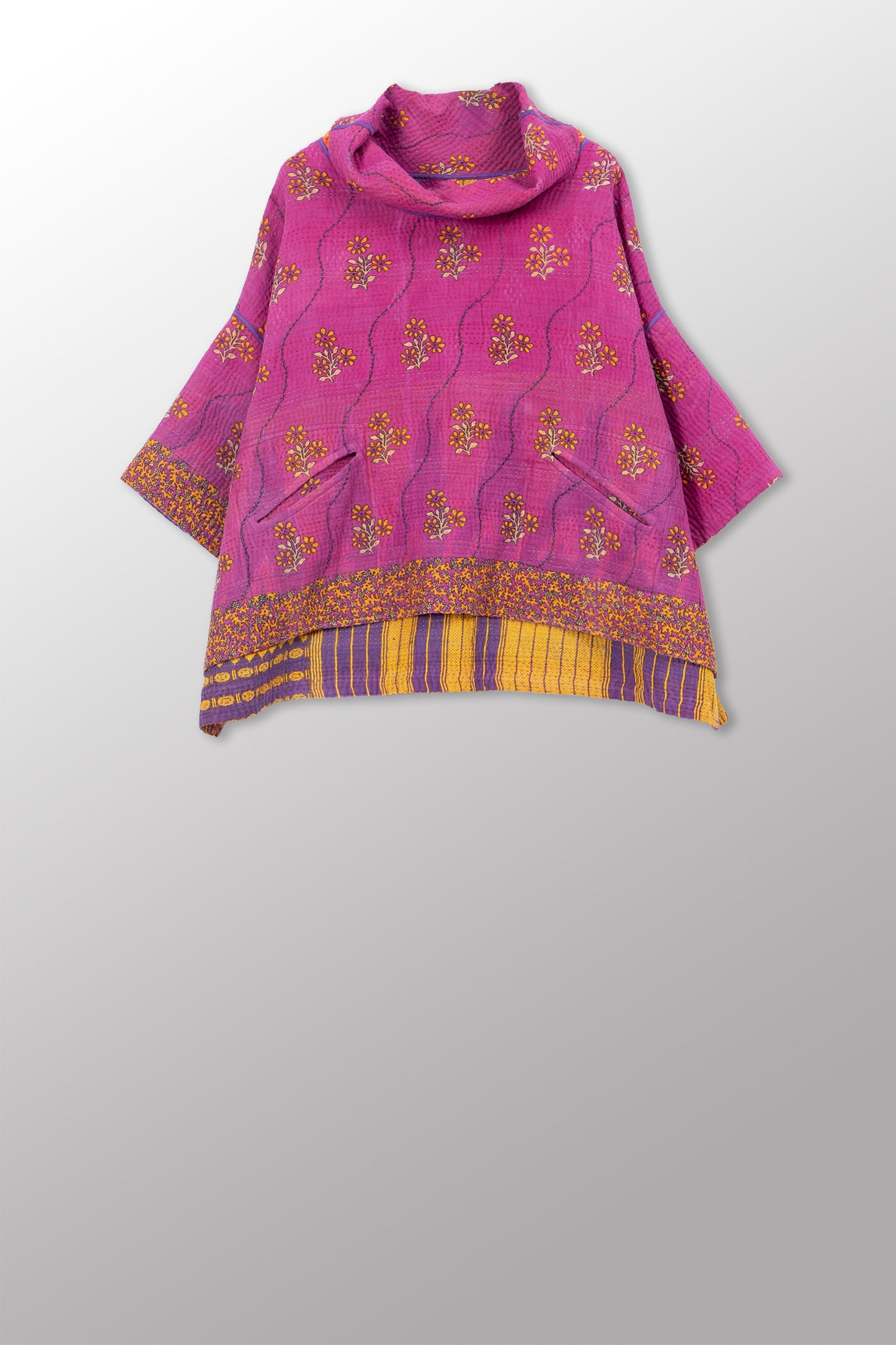 VINTAGE COTTON KANTHA COWL NECK PONCHO - cv4061-0035a -