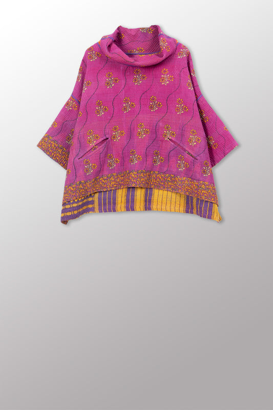 VINTAGE COTTON KANTHA COWL NECK PONCHO - cv4061-0035a -