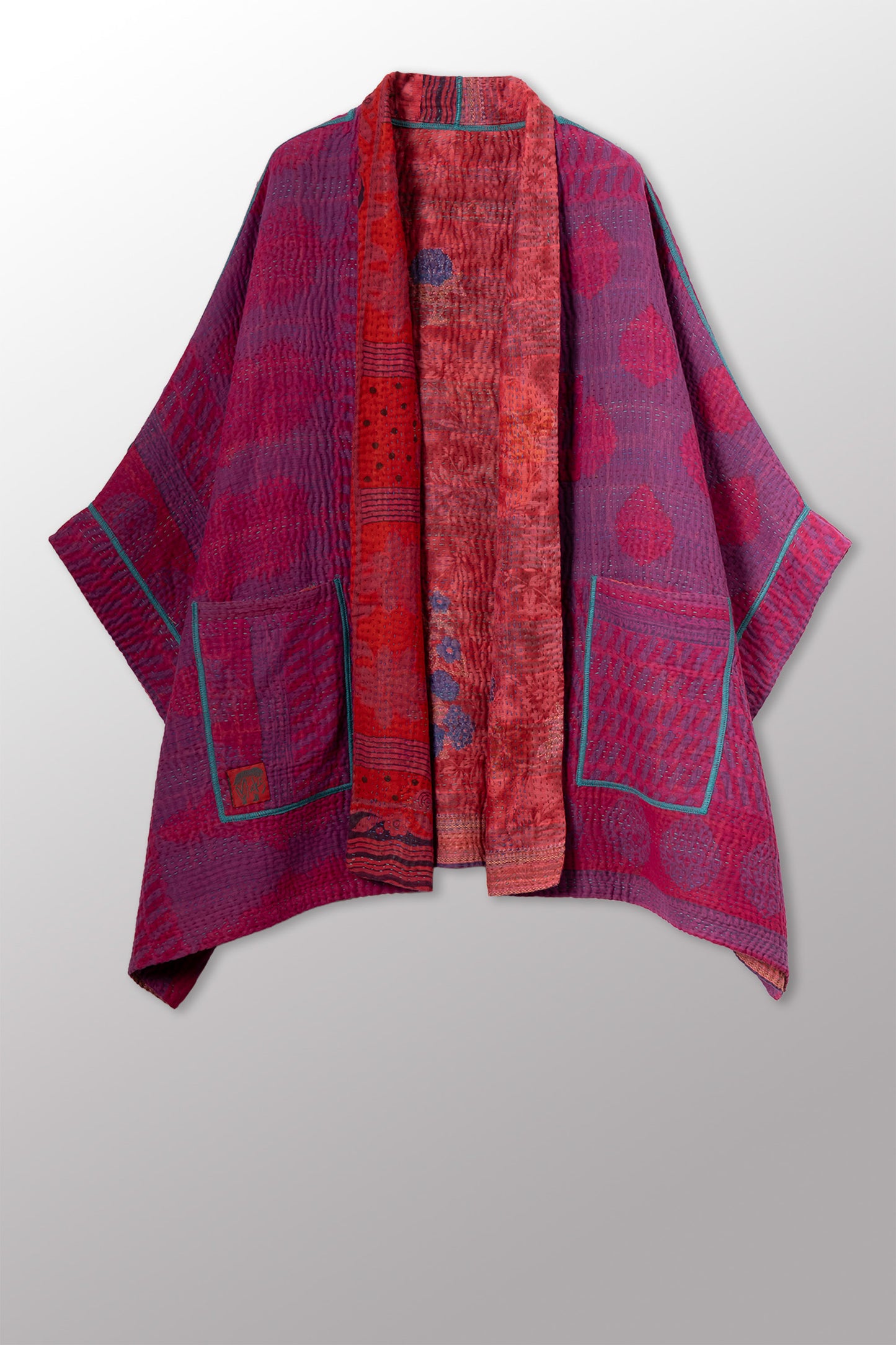 COTTON OVERDYE KANTHA DOUBLE COLLAR PONCHO - ov4323-cfus003a -