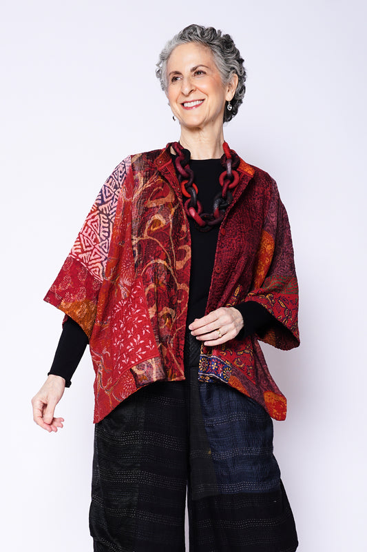 JACQUARD SILK KANTHA BAND COLLAR DOLMAN TOP - js4t101-mar -