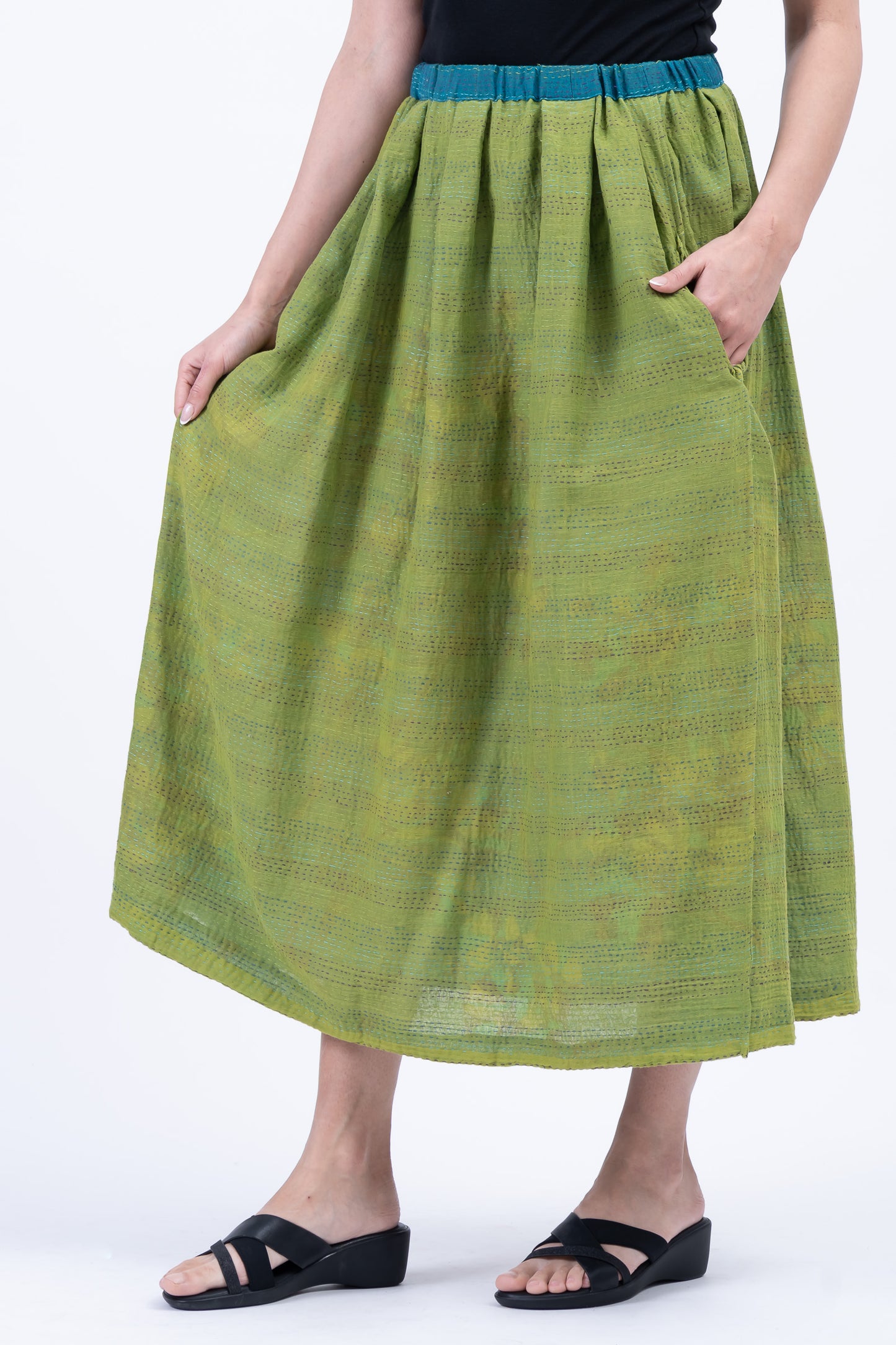 BLOOMING FLOWERS KANTHA TUCKED GATHER SKIRT - bf2663-blu -