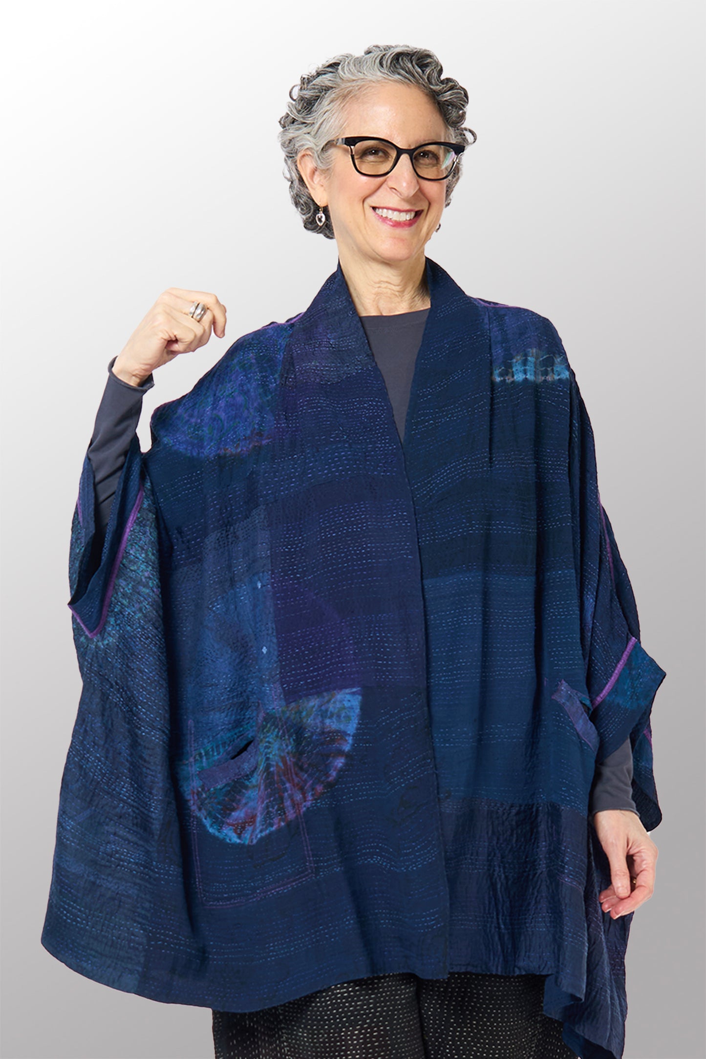 SHIBORI TIE DYE GEORGETTE VINTAGE SILK PATCH KANTHA DOUBLE COLLAR PONCHO - st-gs2323-nvy -
