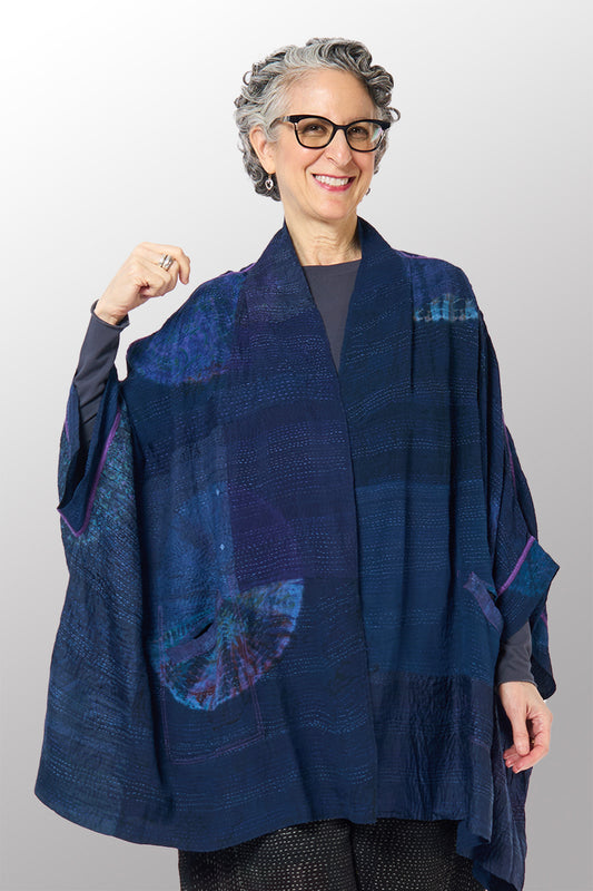 SHIBORI TIE DYE GEORGETTE VINTAGE SILK PATCH KANTHA DOUBLE COLLAR PONCHO - st-gs2323-nvy -