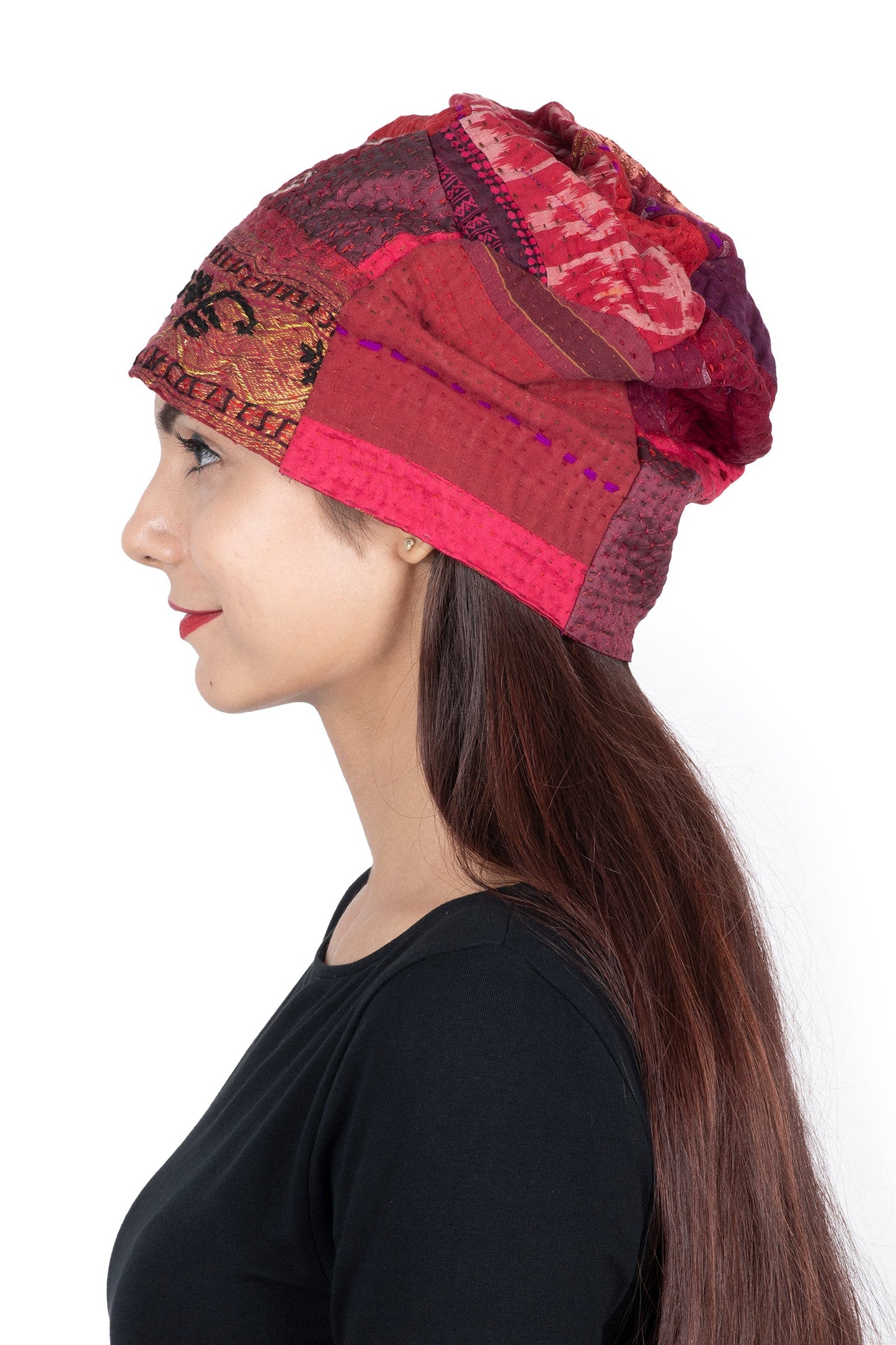 STRIPE RALLIS KANTHA PATCHWORK HAT - pr4880-red -