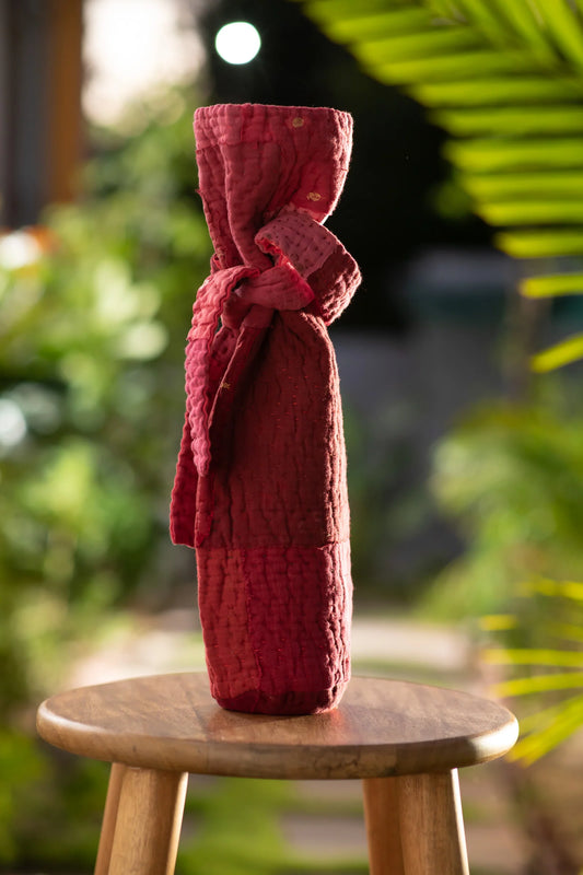 Landscape Handmade Vintage Kantha Wine Bag -Red
