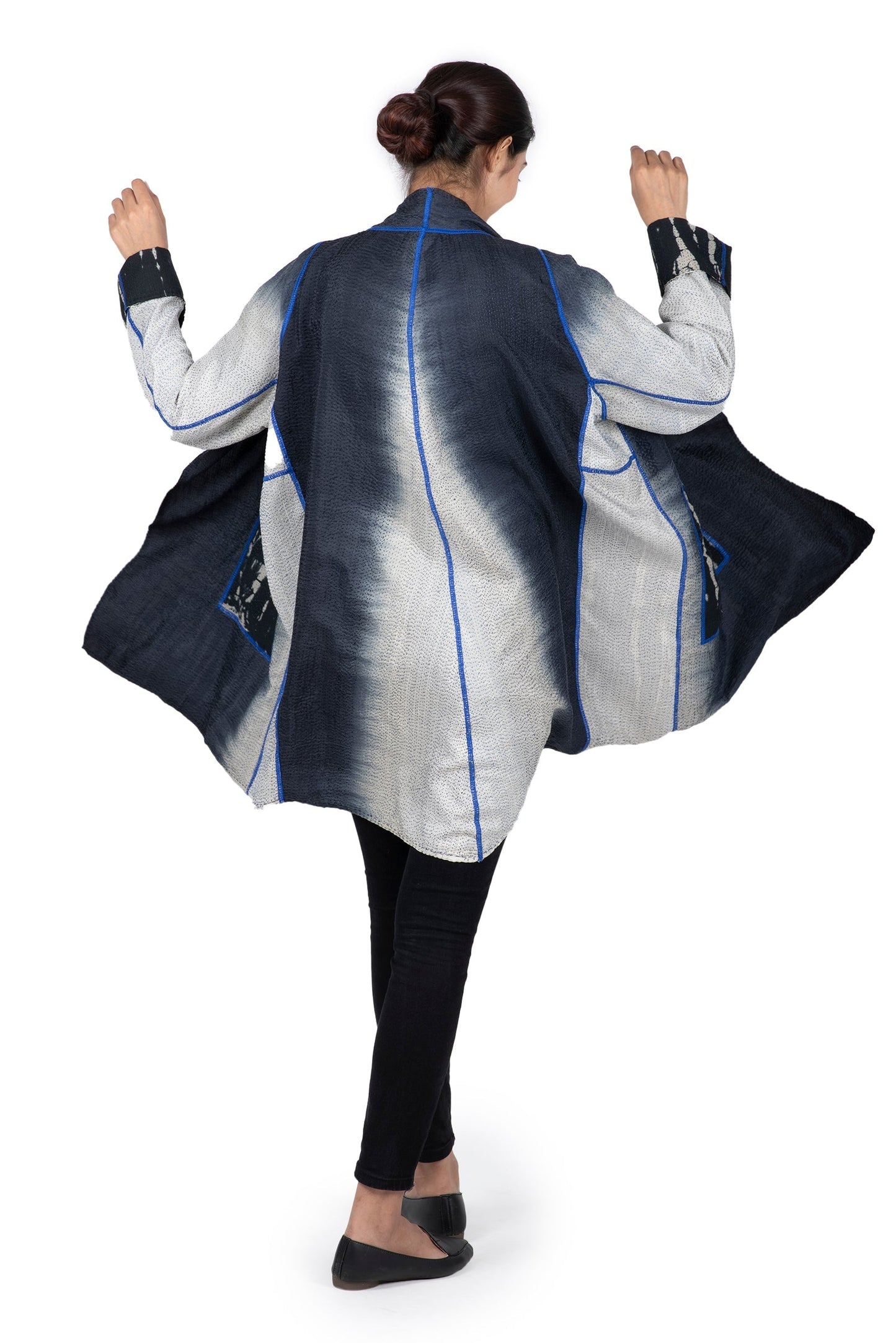 SERPENT PRINT KANTHA FUNNEL COLLAR COAT - sp2312-blk -