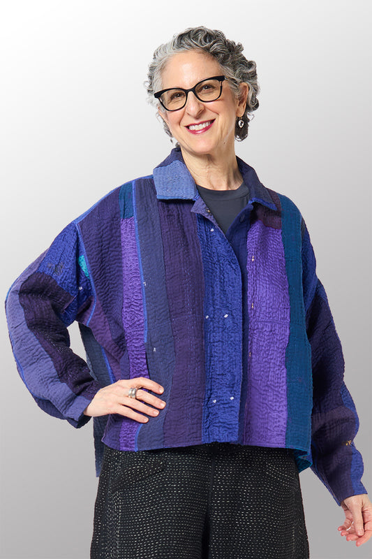 STRIPE AND CHECK COTTON SILK PATCH KANTHA CROPPED SHIRT JACKET - ss4075-blu -