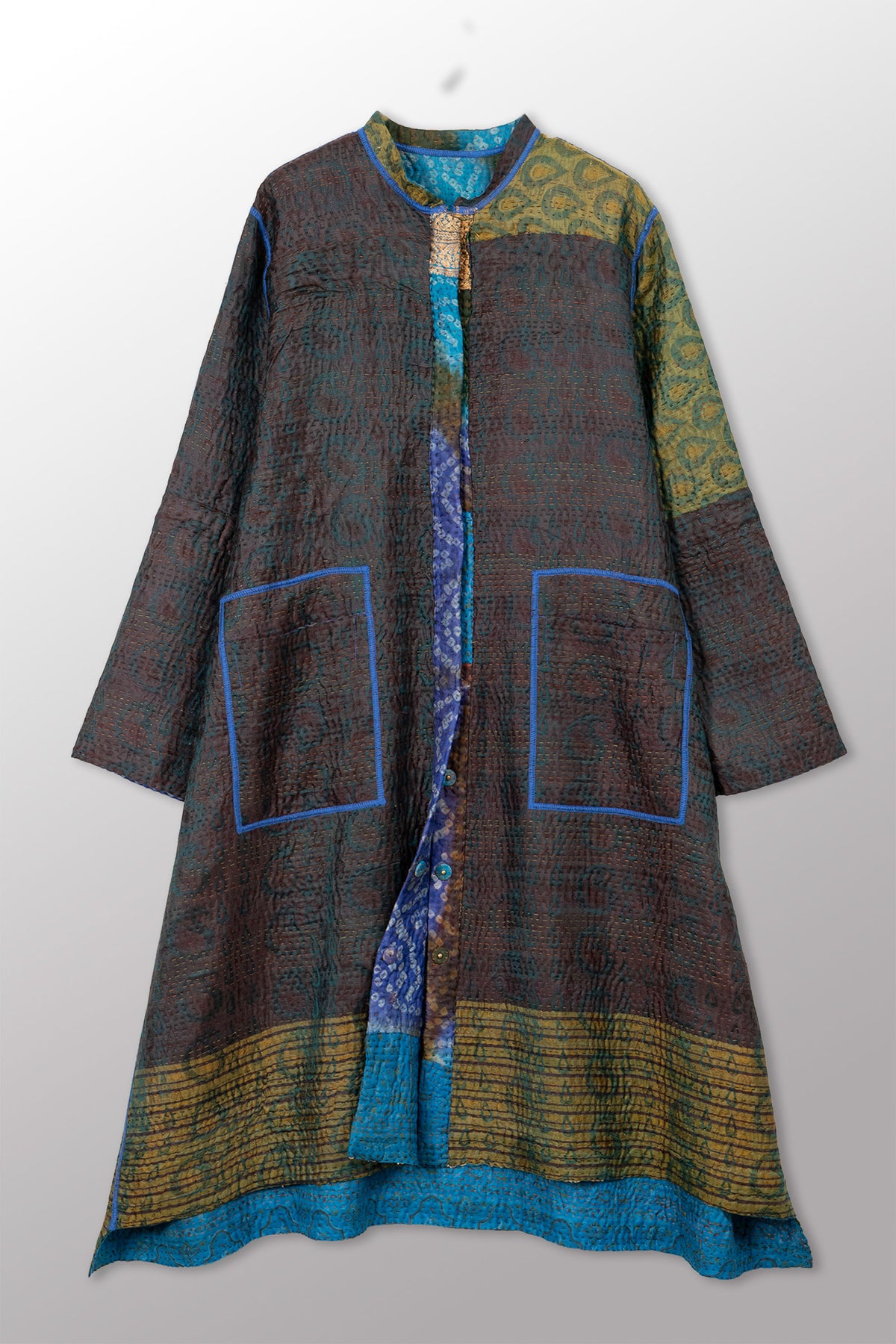 VINTAGE PRINTED SILK CLAMP DYE WITH JACQUARD KANTHA KAFTAN COAT - sk4343-0001m -