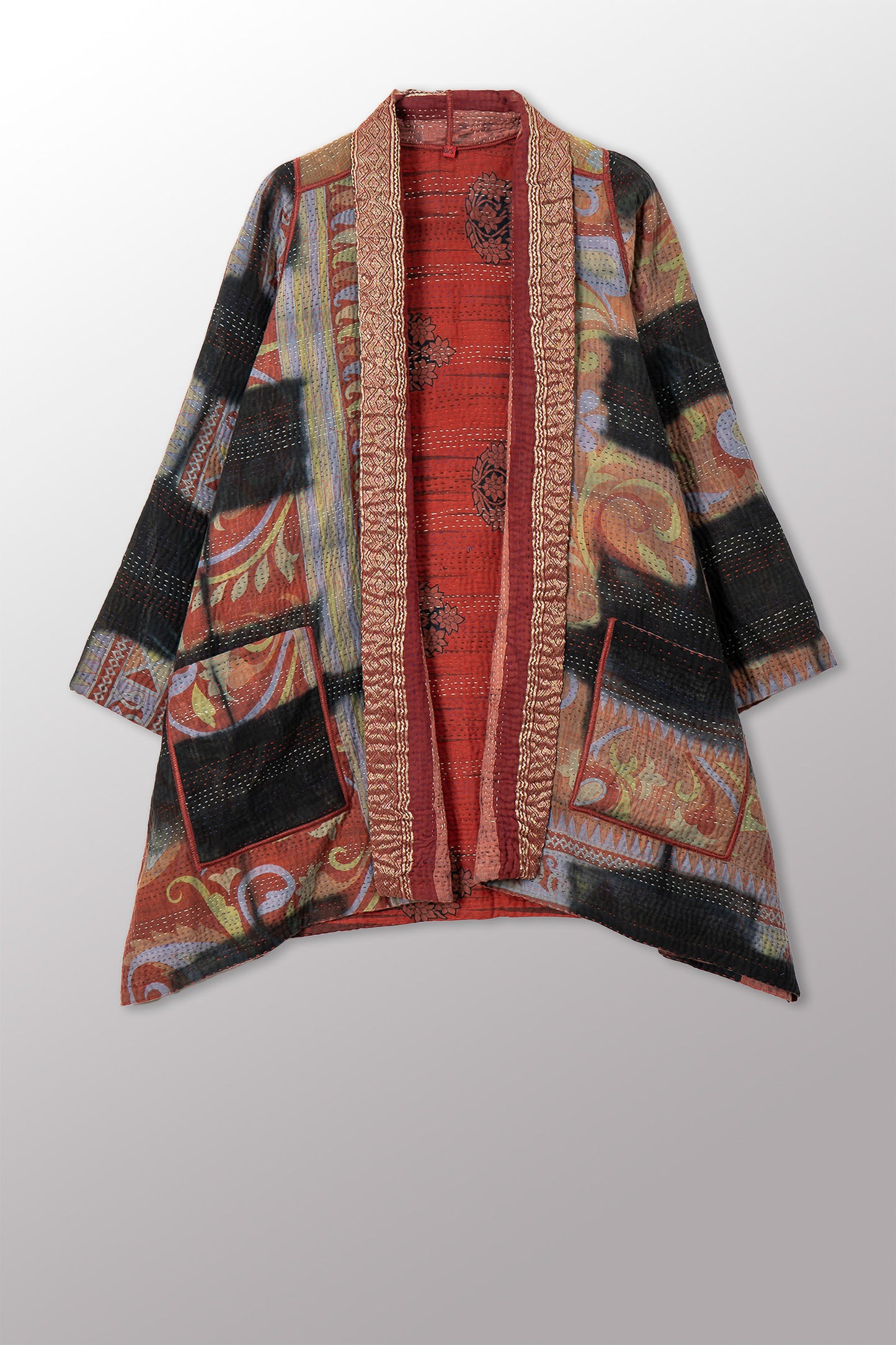 VINTAGE COTTON GREY CLAMP TIE DYE KANTHA A-LINE JACKET - su4003-0001a -