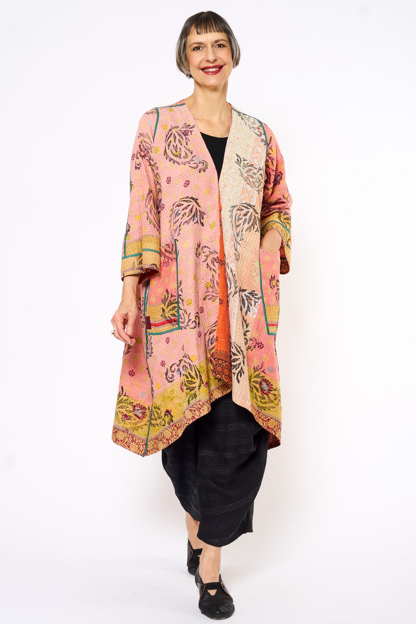 COTTON OVERDYE KANTHA WRAP FLARE COAT - ov2330-corg003a -