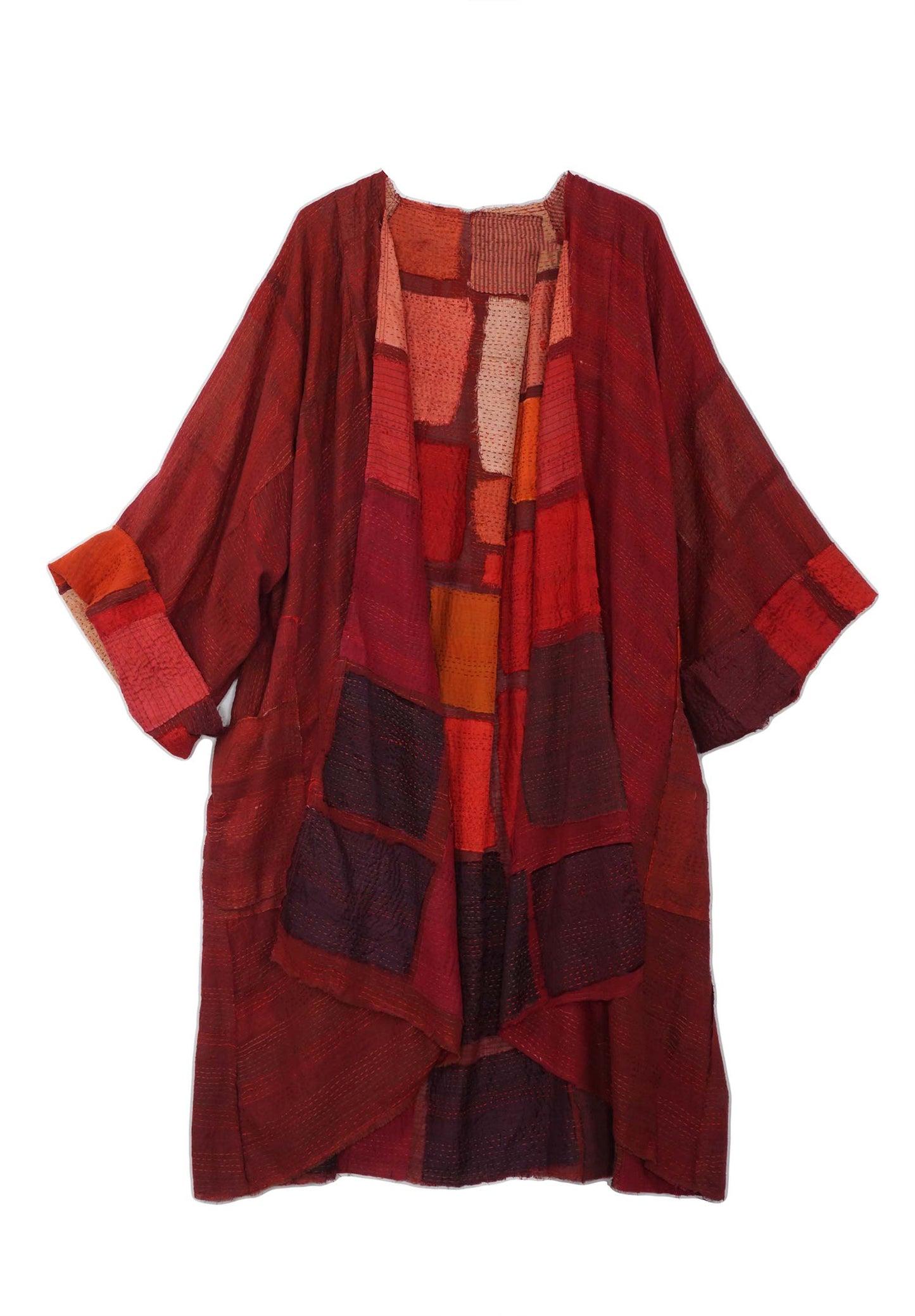 TONAL TILE PATCH KANTHA KIMONO DUSTER - tt2317-red -