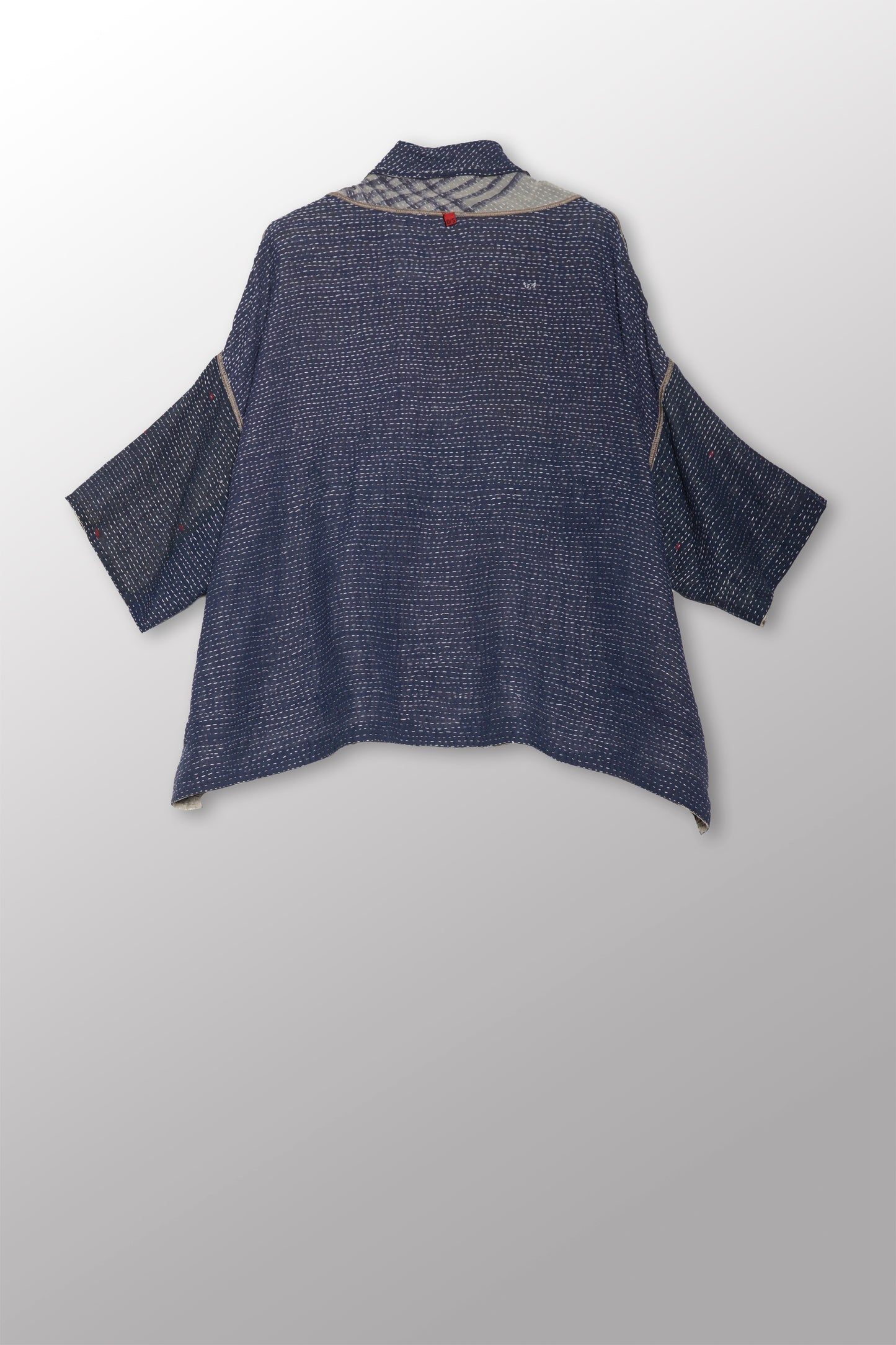 INDONESIAN PRINT VINTAGE INDIGO BACKING KANTHA COWL NECK PONCHO - bi2061-blu -