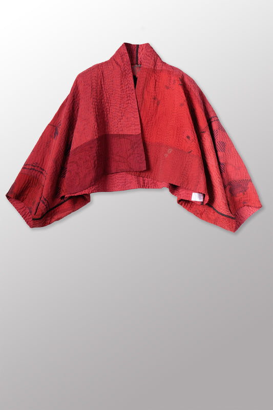GEORGETTE JACQUARD VINTAGE SILK PATCH KANTHA PUFF SLV. SHRUG - gj4062-red -