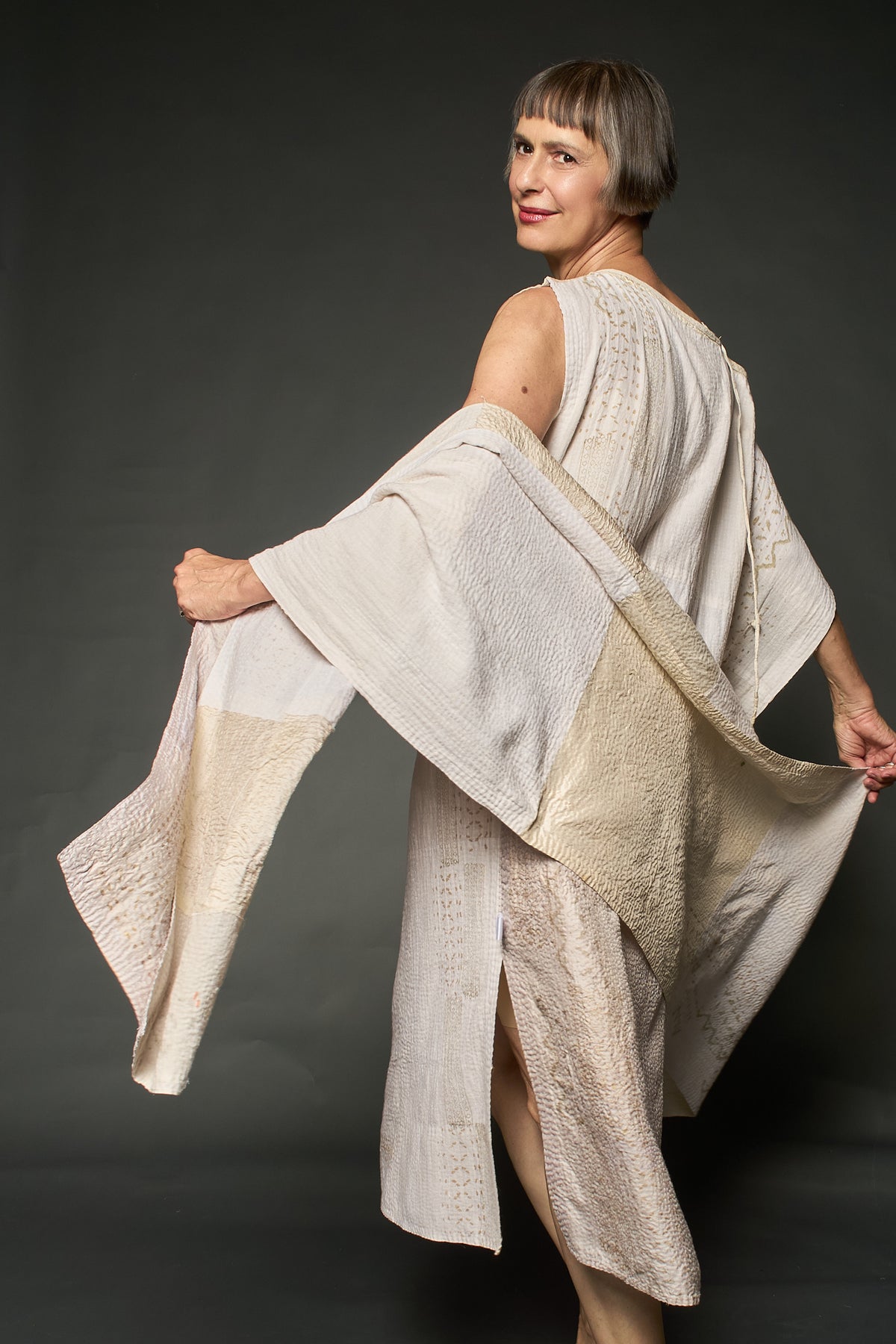 HALF SILK PATCH KANTHA SCARF STANDARD - hs2801-ivy -